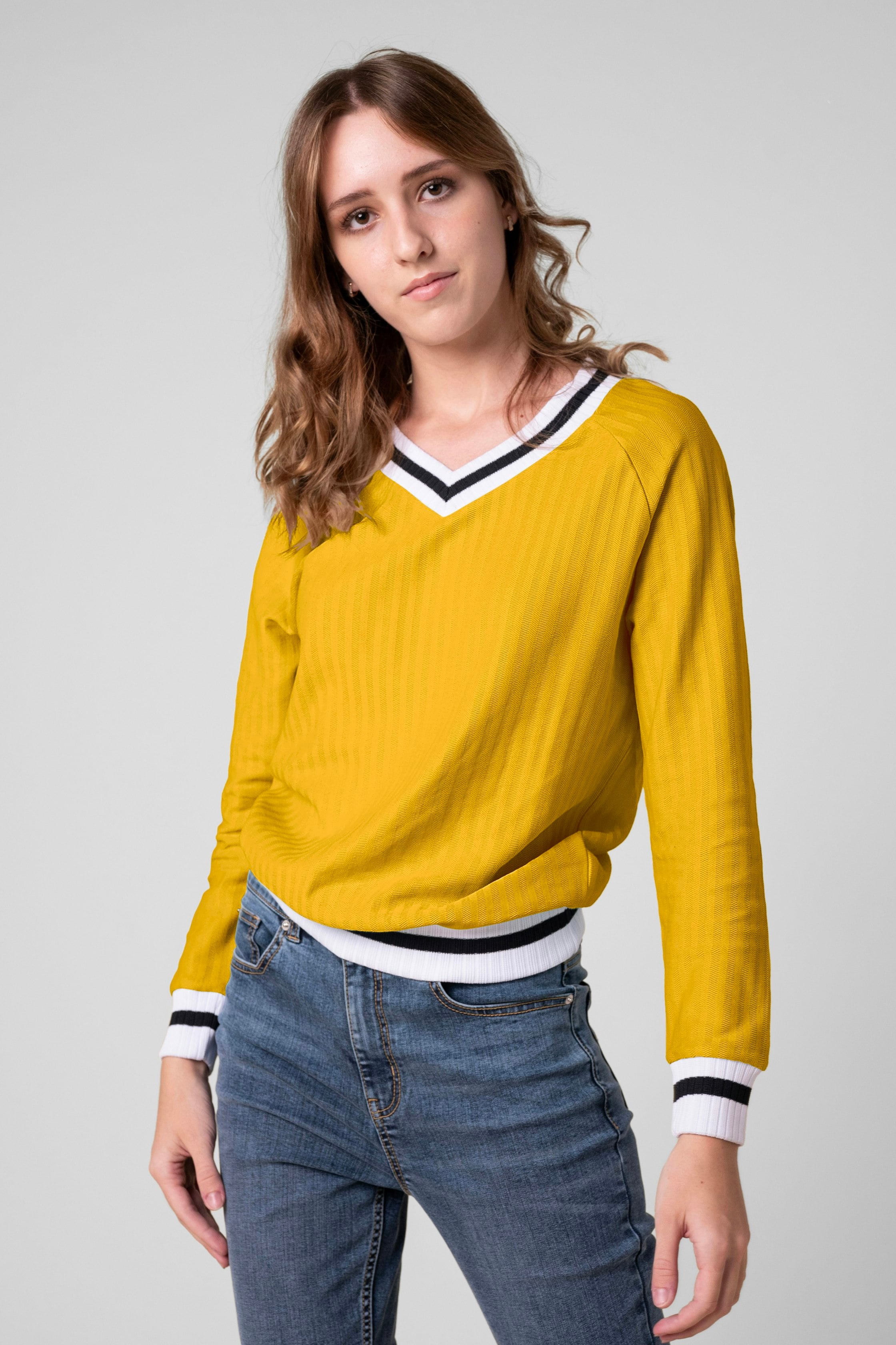 Enorsia Women's Yellow V-Neck Herringbone Effect Sweatshirts - 12 - 55% Cotton, 45% Polyester