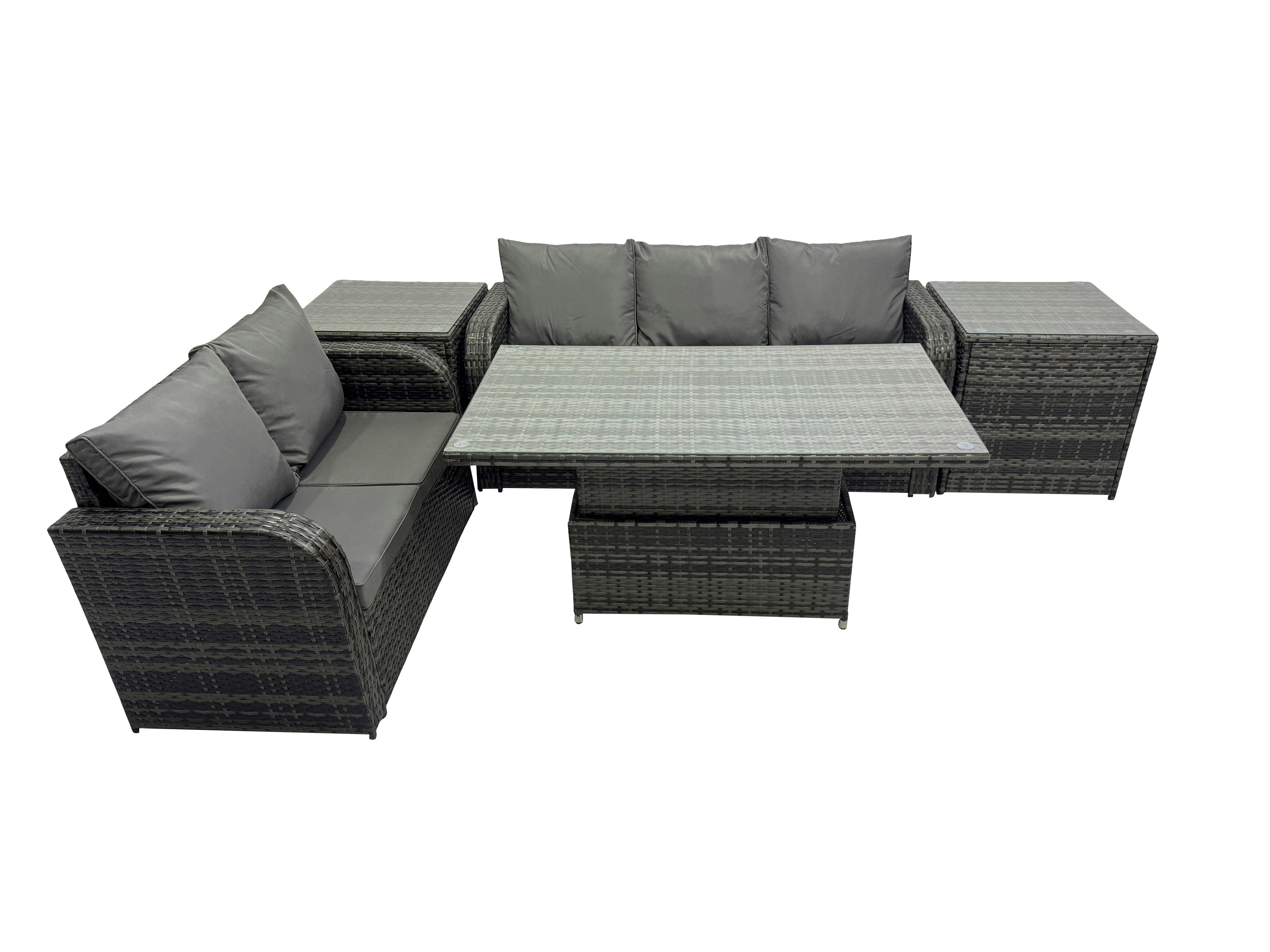 Rackhams Dark/Grey Rattan Garden Furniture Dining Set 5 Seater Patio Height Adjustable Rising Lifting Table Sofa Set With 2 Side Table Mixed