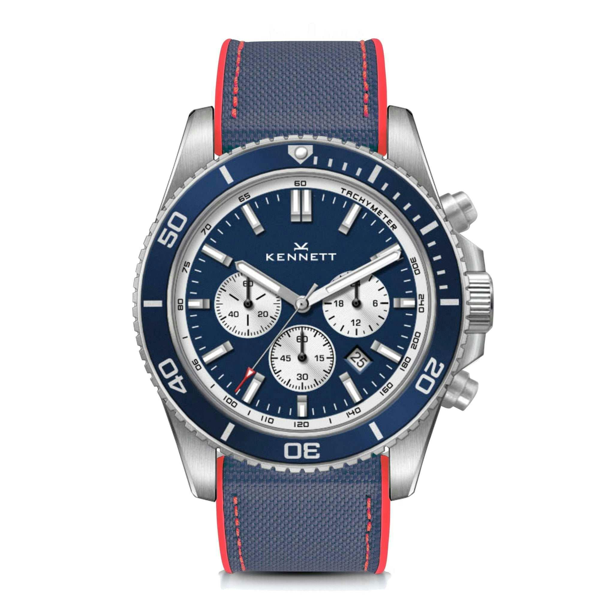 Kennett Red Pacesetter Chronograph Watch | Nautical Inspi Timepiece - Navy Sailcloth Hybrid Rubber Strap With Stitching