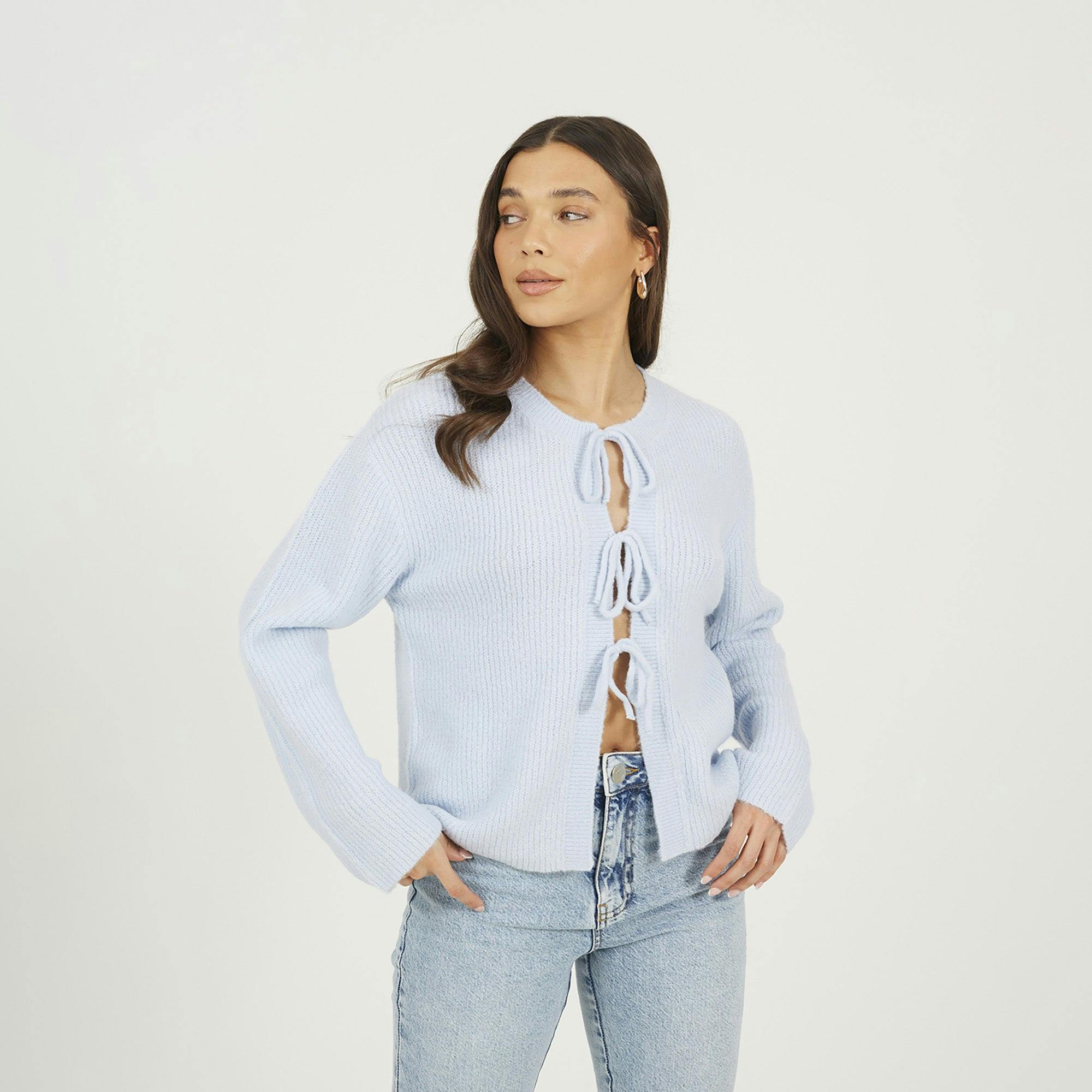 Brave Soul Blue Tie Fastening Fisherman Knit Cardigan - L