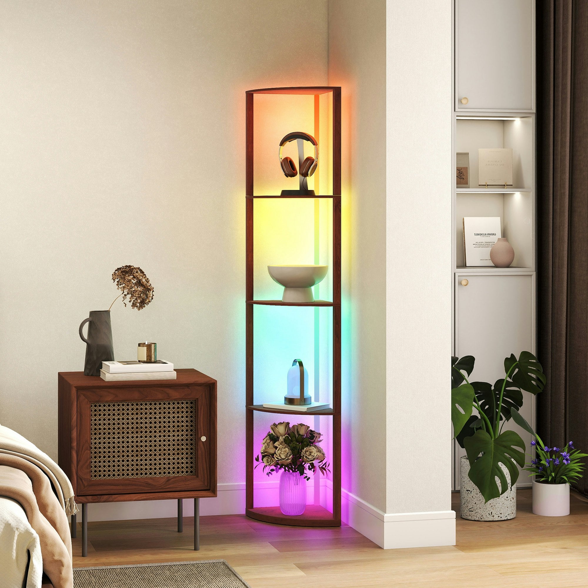 Rackhams Brown Rgb Led Floor Lamp With Shelves And Remote Control For Living Room