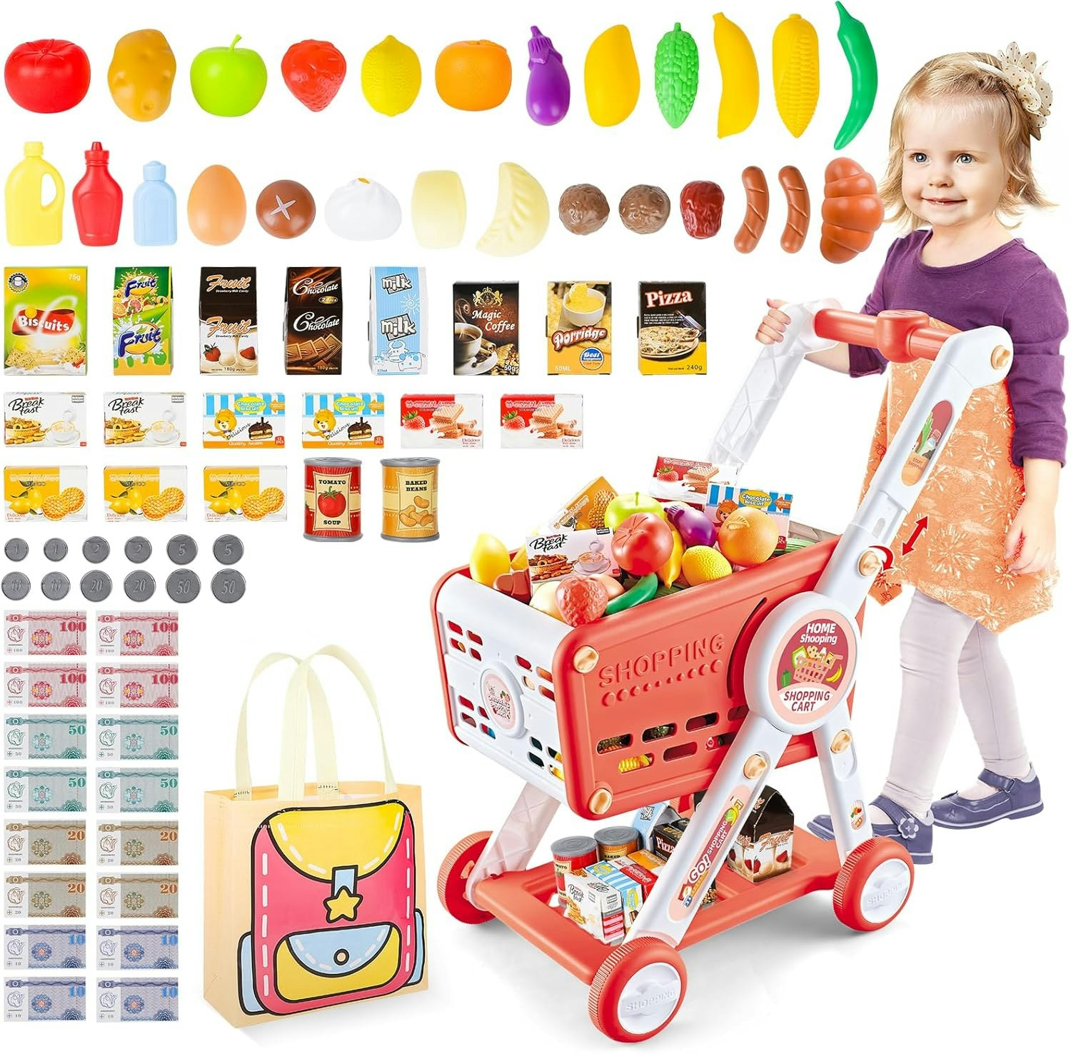 Deao Toys Orange Kids Shopping Cart Trolley Play Set With Pretend Food And Accessories - Shopping Cart - 3+