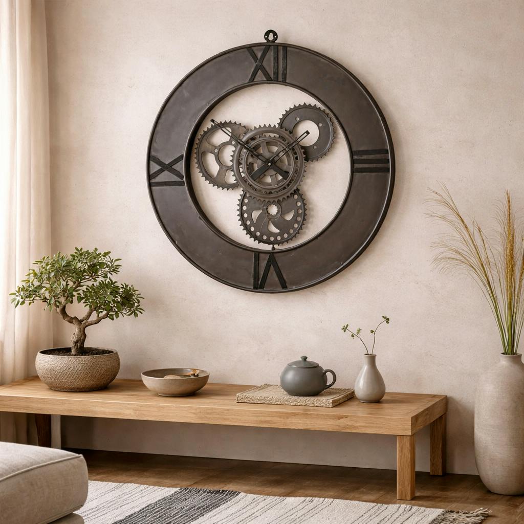 Rackhams Inari Industrial Metal Cogs Wall Clock Roman Numerals