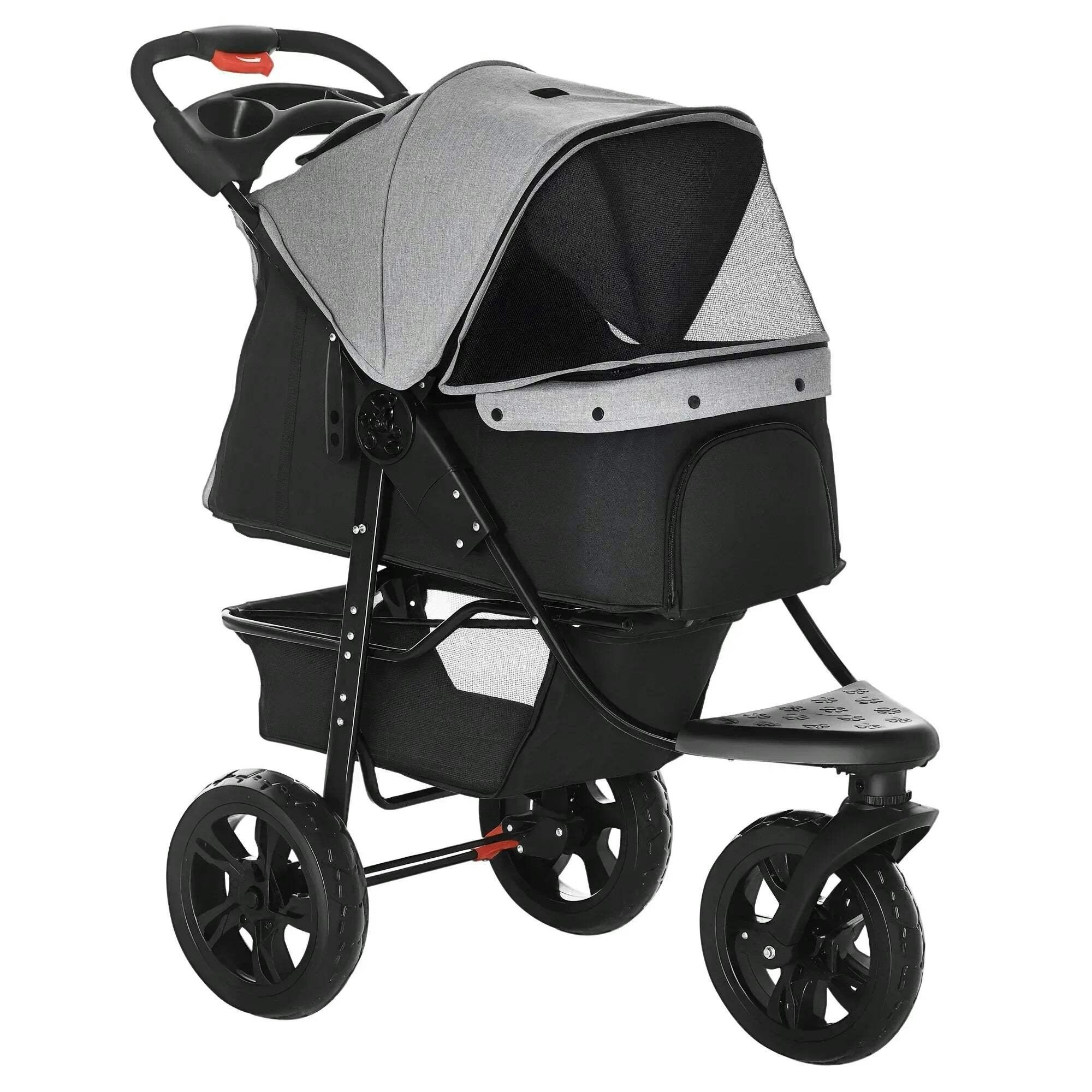 Pawhut Grey Folding 3 Wheel Pet Stroller Travel Adjustable Canopy Storage Brake - Image 4