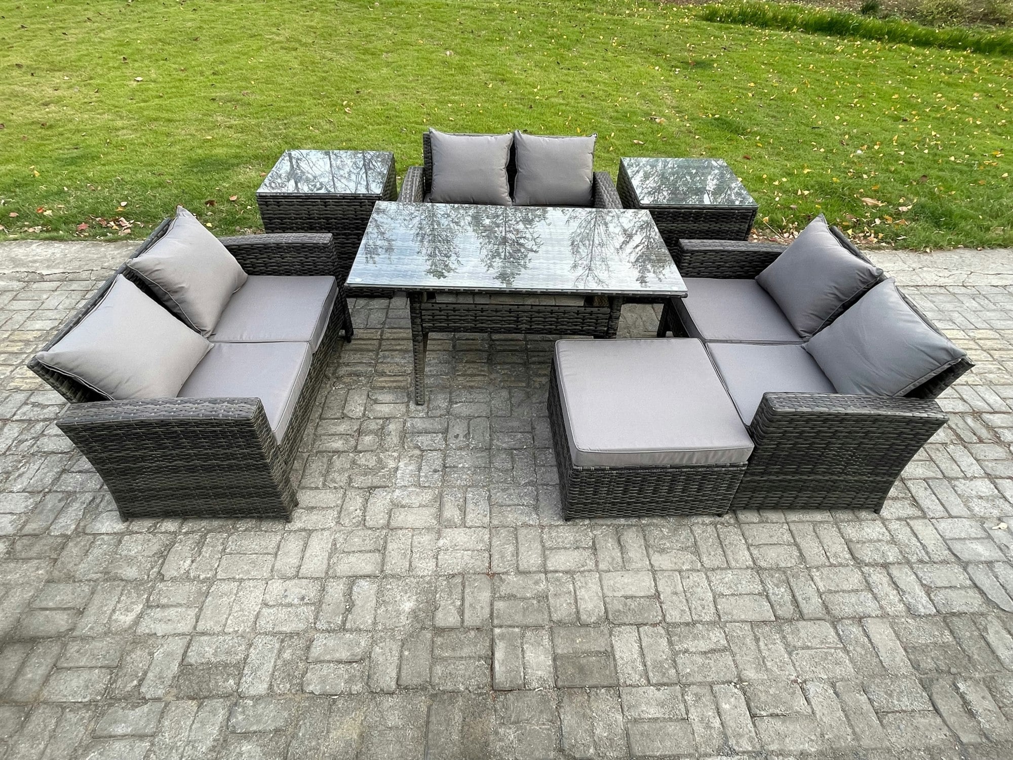 Fimous Dark/Grey Wicker Pe Rattan Garden Furniture Set - Mixed Outdoor Lounge Sofa With Oblong Dining Table & Big Footstool
