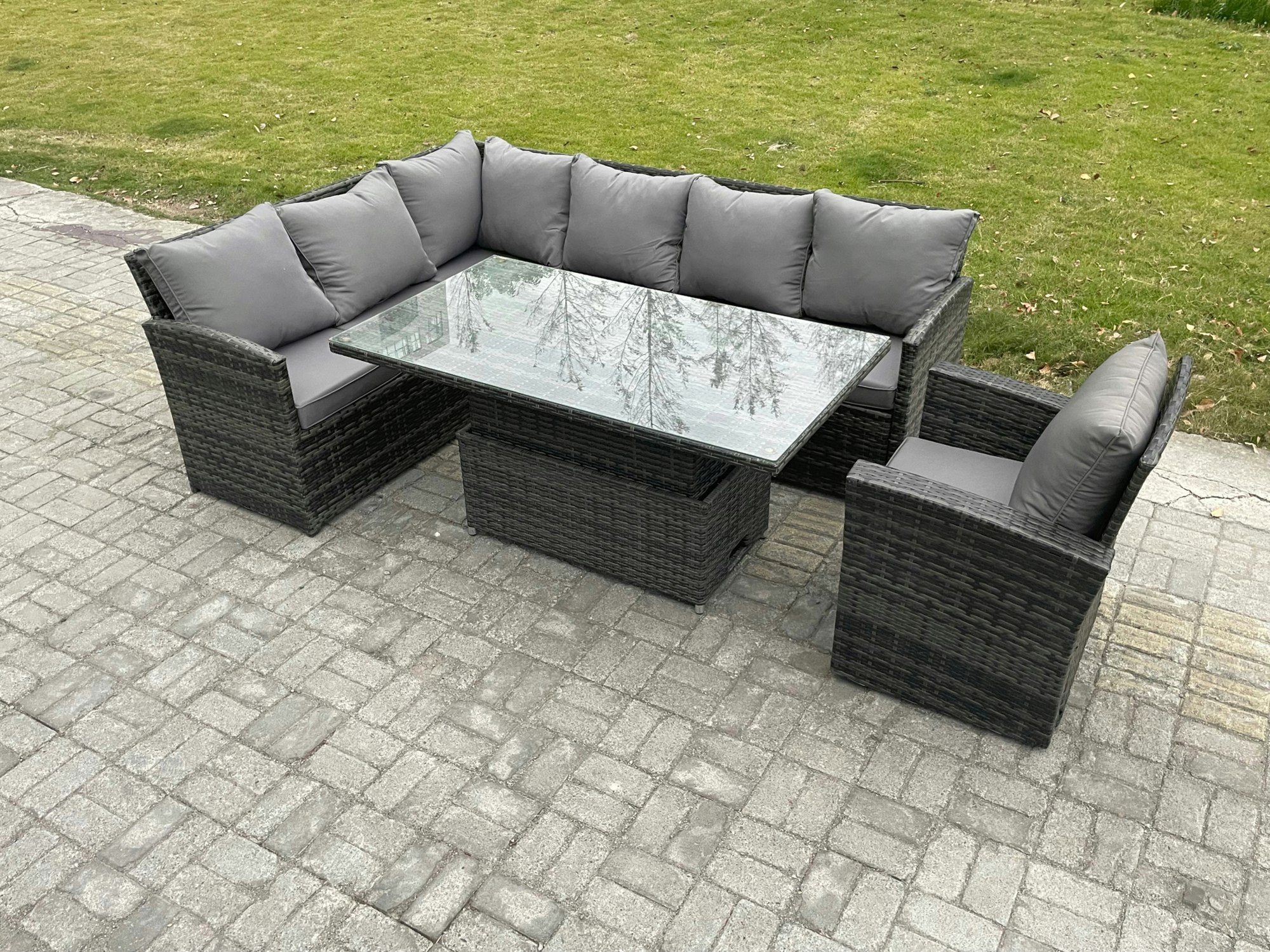 Rackhams Dark/Grey Wicker Pe Outdoor Rattan Garden Furniture Set Height Adjustable Rising Lifting Table Sofa Dining Set With Armchair Mixed