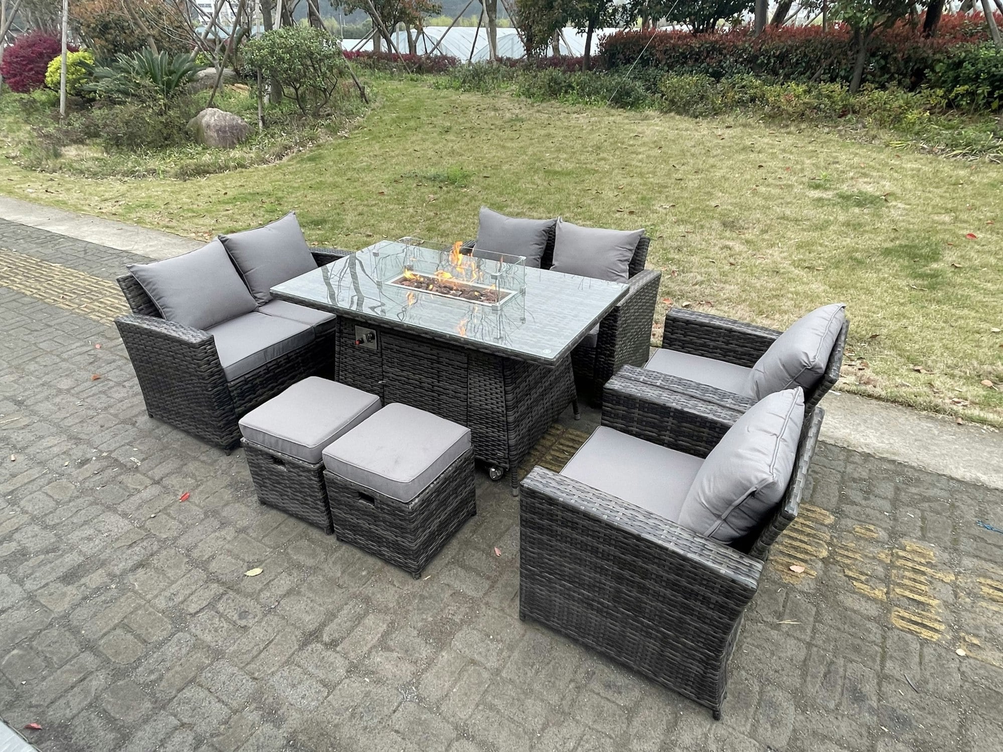 Fimous Dark/Grey Rattan Outdoor Furniture Gas Fire Pit Rectangle Dining Table Gas Heater Chairs Two Seater Love Sofa Sets Footstools 8 Seater