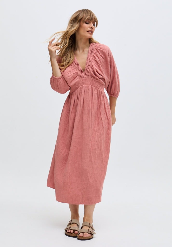 Raffya Pink Soipoi Ruched V-Neck Midi Dress In - Size 10
