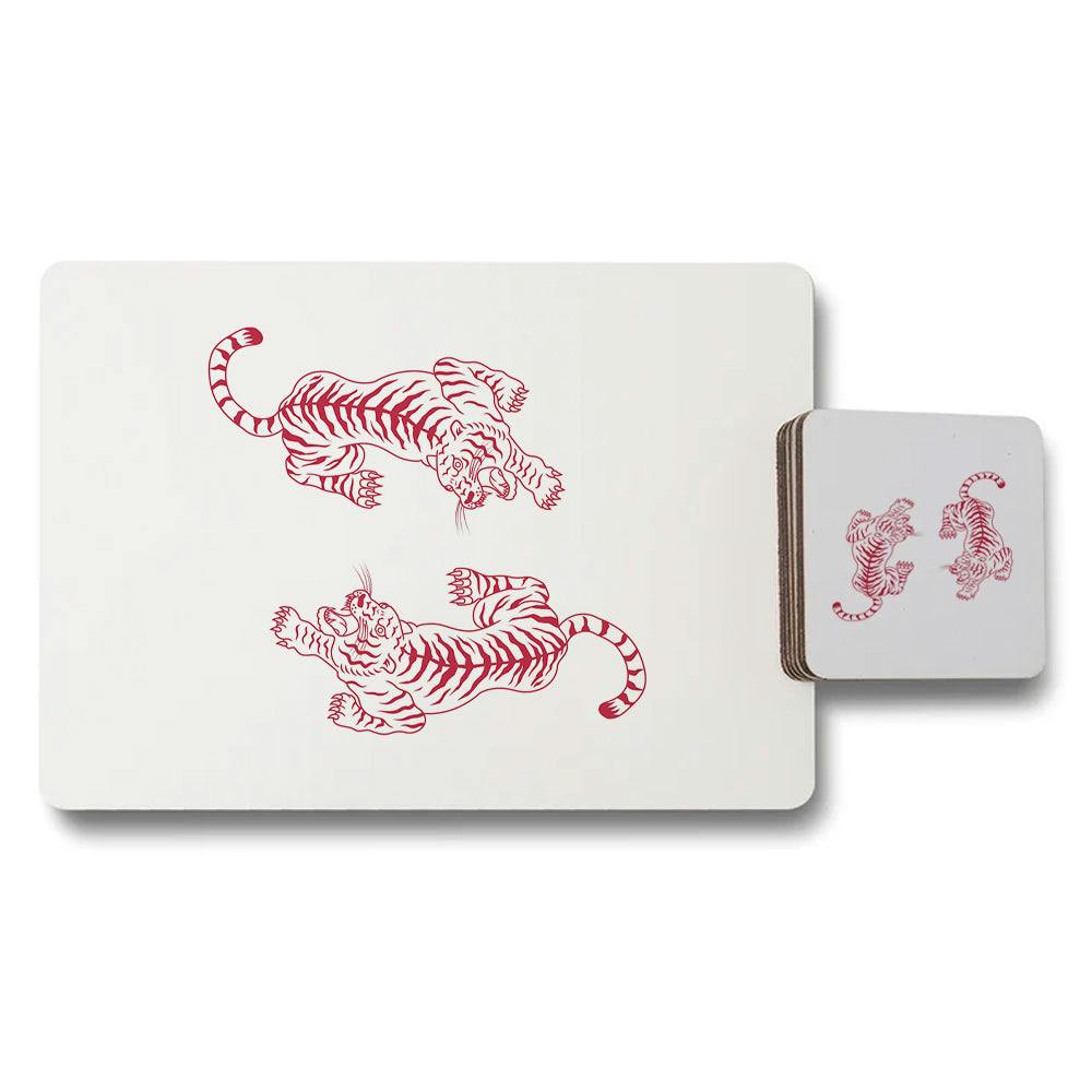 Benjamin Tate Design Red Placemat And Coaster Set Tiger Print With Wood Bottom And Luxe Print Technology, Limited Edition
