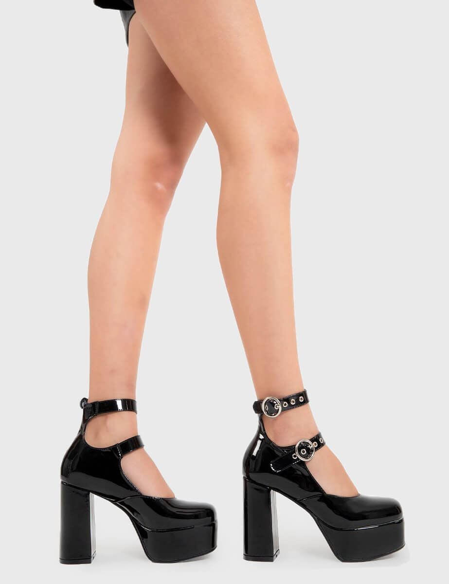 Lamoda Girls Black From Mars Patent Platform Heels Chunky Gothic Party Uk4 - Uk4