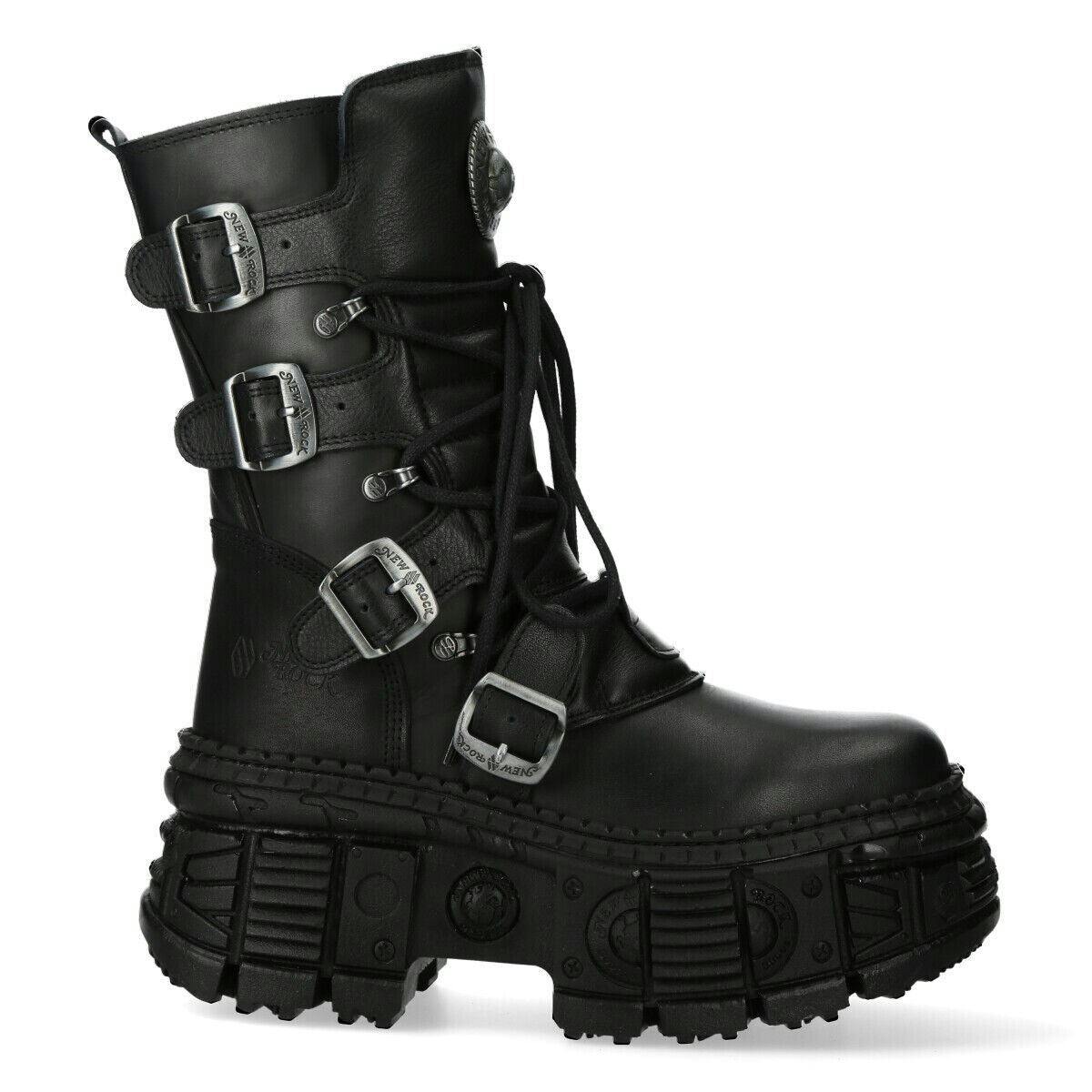 New Rock Unisex Black Mid-Calf Leather Goth Boots-Wall373-S5 - Uk 6 | Eu 39 | Us 8.5