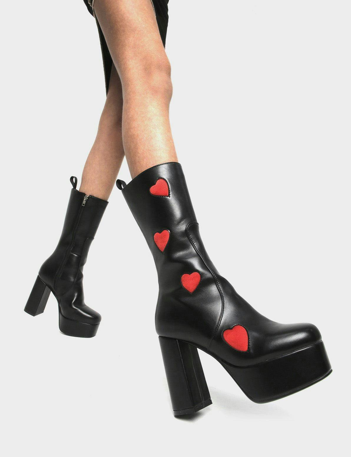 Lamoda Women's Black/Red Game Of Love Pu Heart Platform Calf Boots ’S Uk9 - Uk9