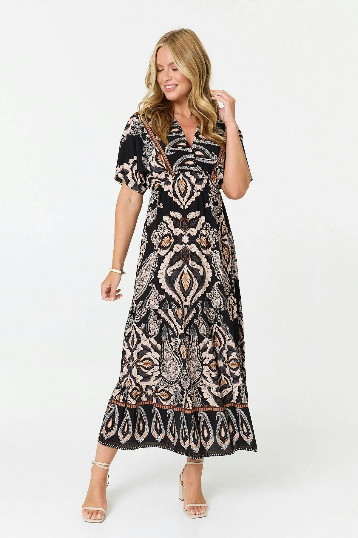 Izabel London Black Paisley Relaxed 1/2 Sleeve Maxi Dress - S