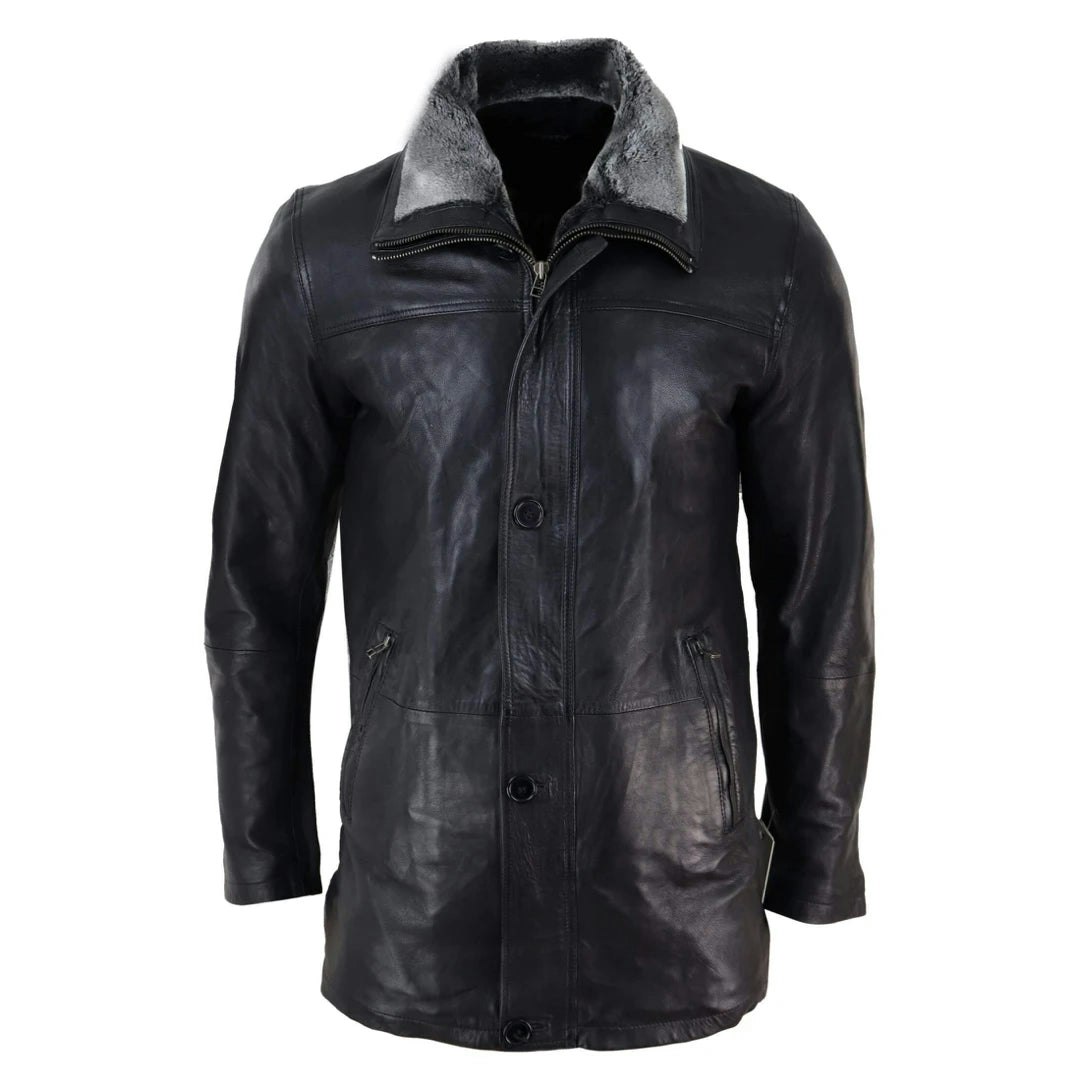 Infinity Leather Men's Black Leather Company 3/4 Long Leather Safari Jacket Classic Car Coat Zip Button Cover - Medium