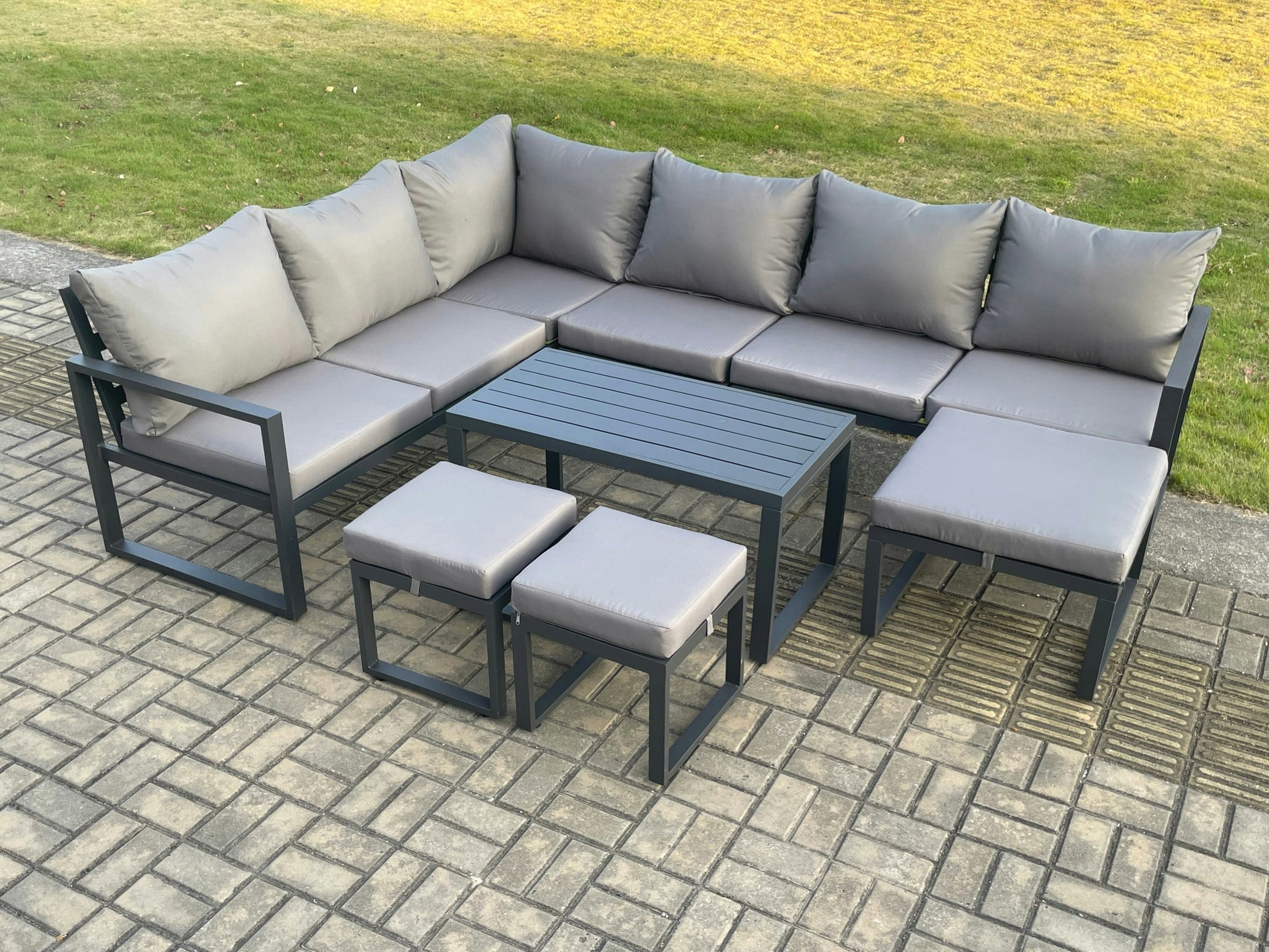 Rackhams Dark/Grey Aluminium 9 Seater Outdoor Lounge Corner Sofa Set Garden Furniture Sets With Oblong Coffee Table 3 Footstools