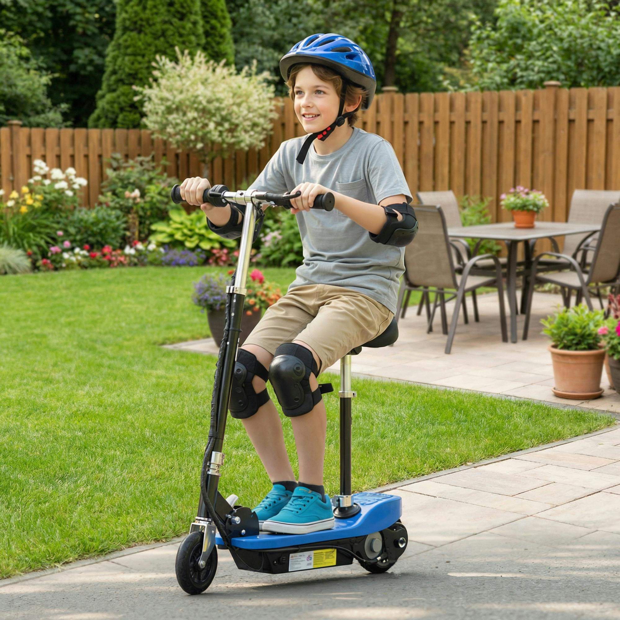 Homcom Blue Foldable Powered Scooter 120W W/ Adjustable Seat, Brake