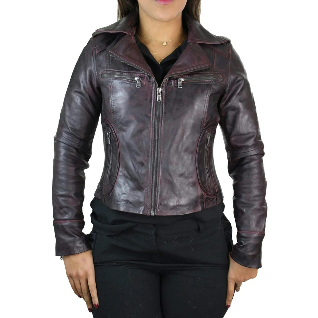 Aviatrix Women's Burgundy Leather Short Slim Fit Biker Jacket - Uk 18