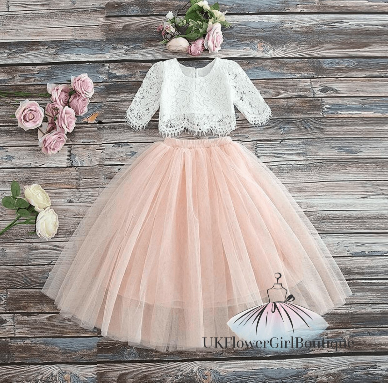 Uk Flower Girl Boutique Girls Peach/Pink Uk Flower Boutique Felicity Couture - Blush - 7/8 Yrs
