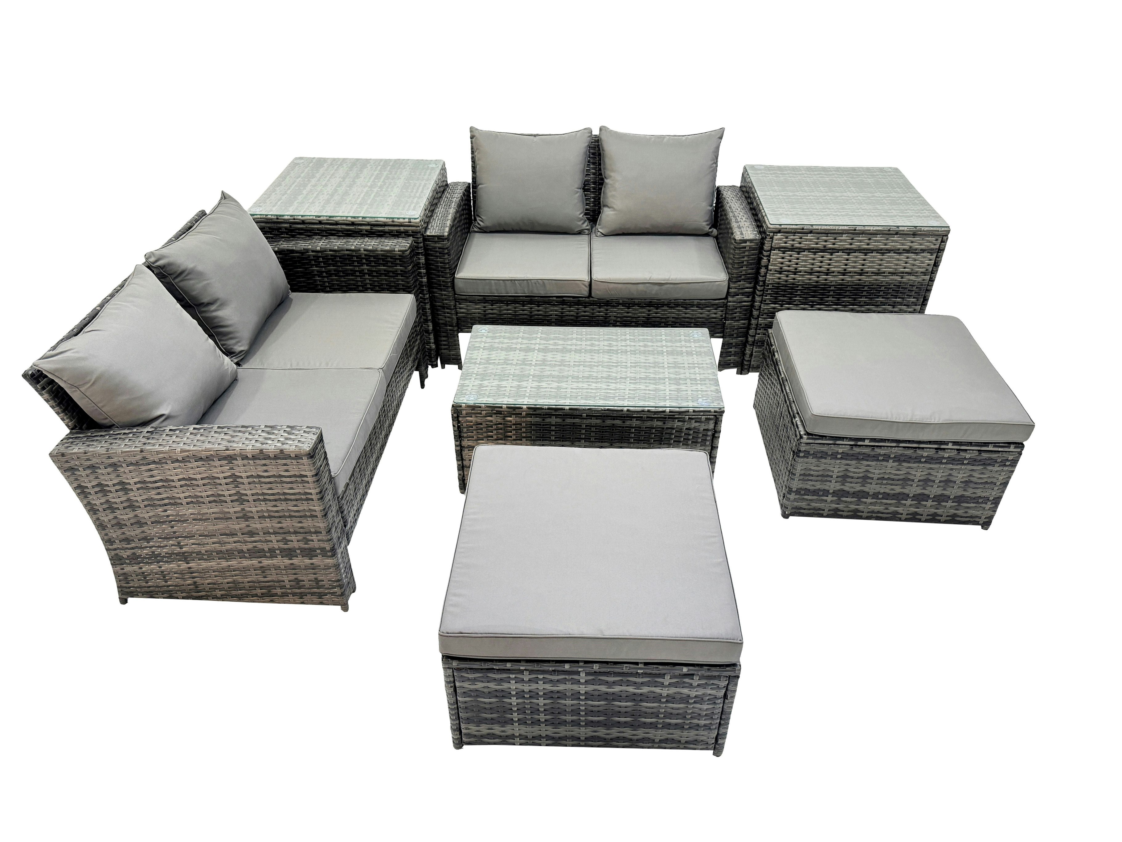 Rackhams Dark/Grey 6 Seater Wicker Pe Rattan Furniture Outdoor Coffee Table Double Seat Sofa 2 Big Stool 2 Side Tables Set Mixed