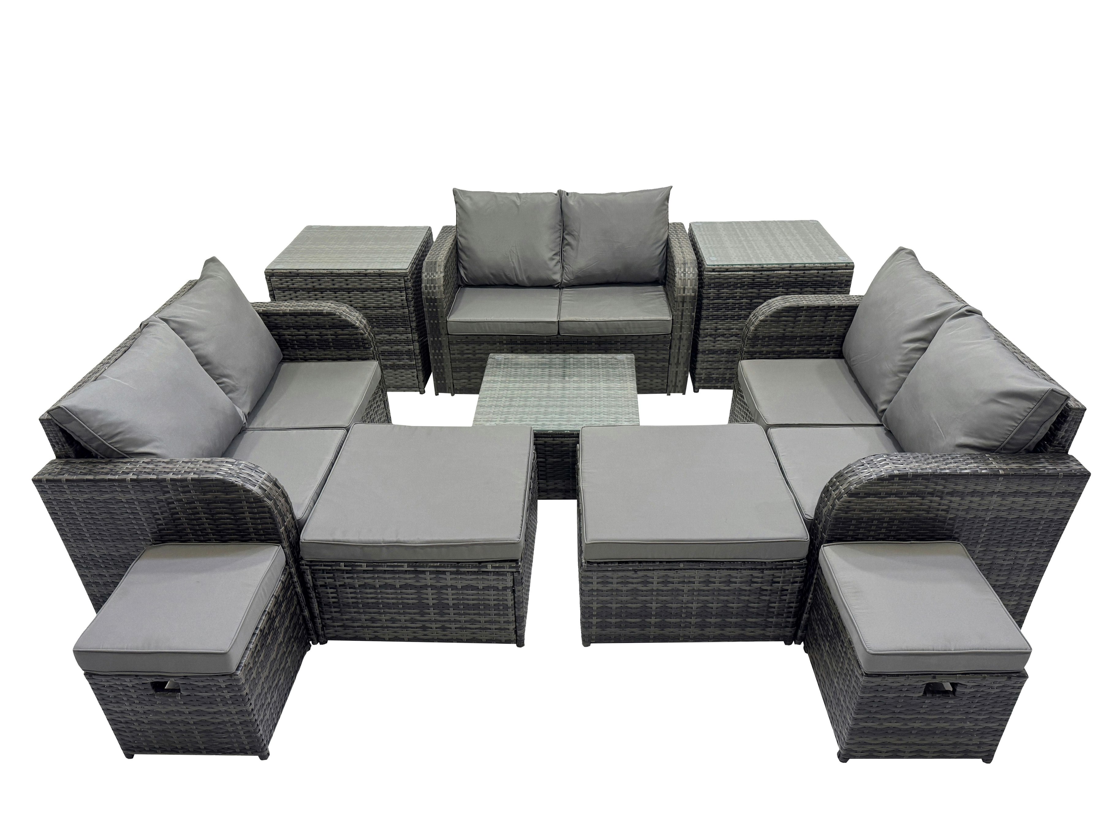 Rackhams Dark/Grey Rattan Garden Outdoor Furniture Set Love Sofa Square Coffee Table Set With 4 Stools 2 Side Tables Mixed