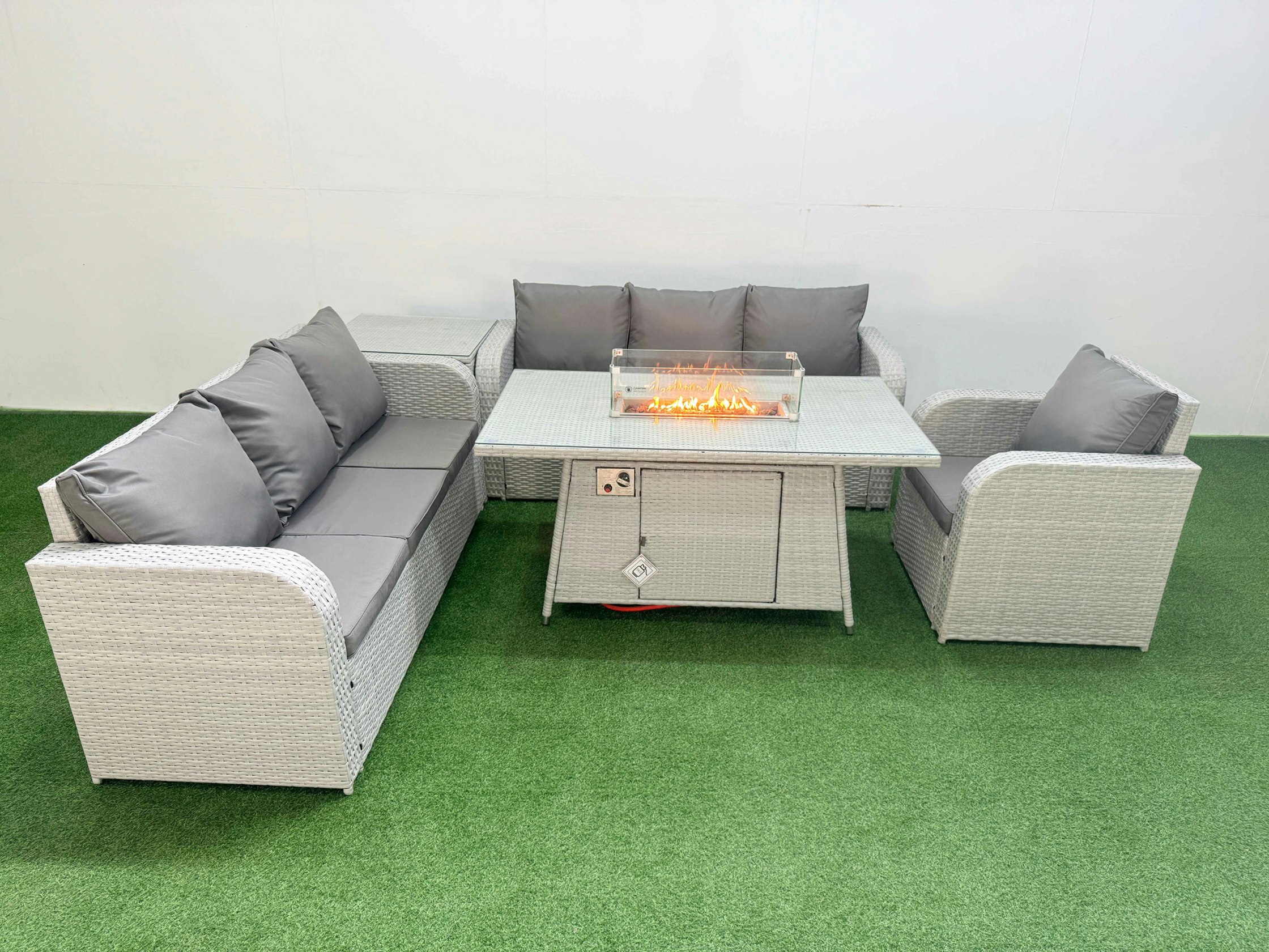 Rackhams Light/Grey 7 Seater Rattan Outdoor Garden Furniture Fire Pit Dining Table Sofa Set Patio 3 Seater Sofa Reclining Chair 3 Seater Sofa Side Table