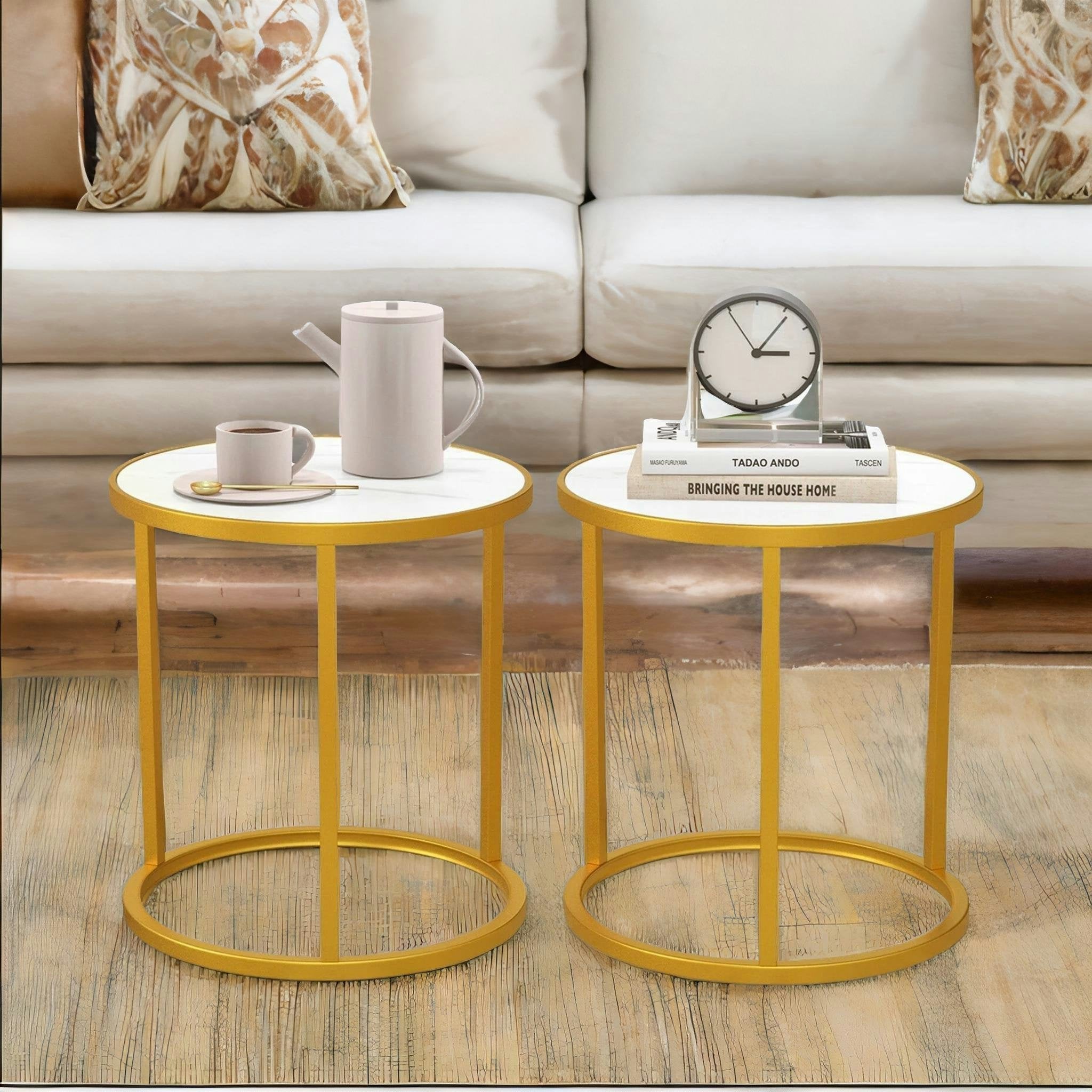 Rafaelo Mobilia Gold Set Of 2 Faux Marble Round Bedside Nightstand Table