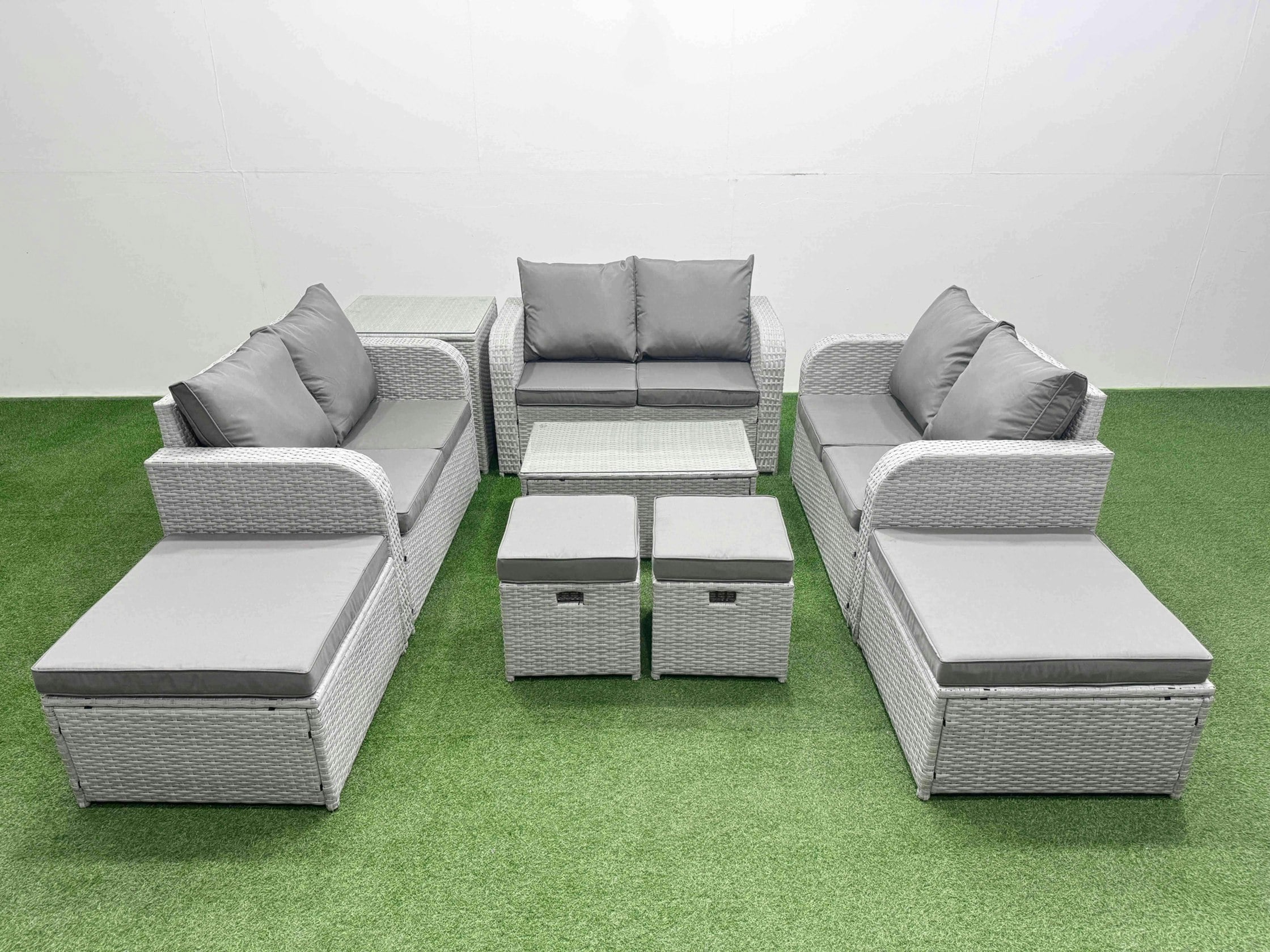 Fimous Light/Grey 9 Pcs Rectangular Coffee Table Set Reclining Chair Inclining Sofa Love Sofa 2 Big Footstool 2 Small Stool Side Table