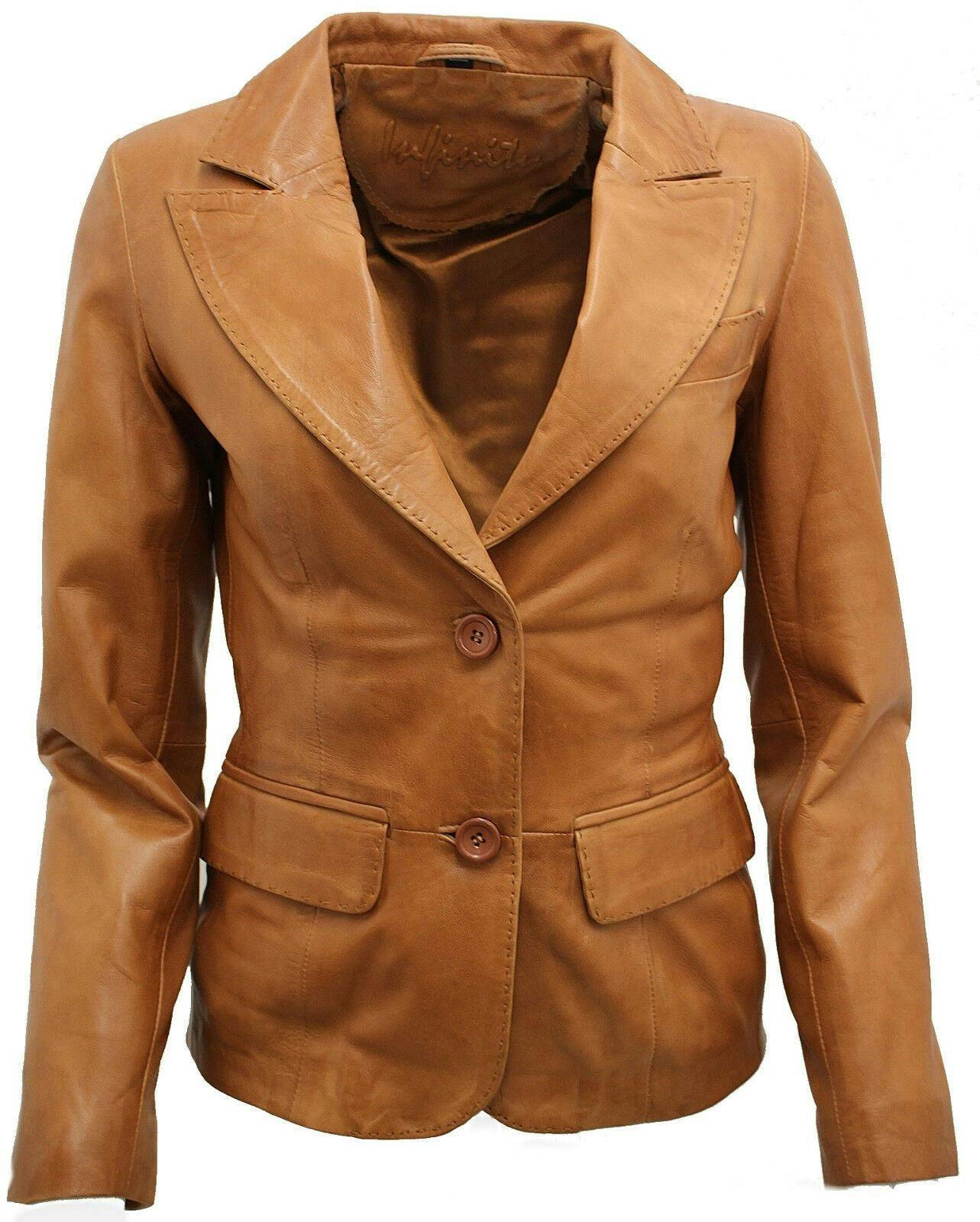 Infinity Leather Women's 2 Button Leather Blazer Jacket-Newport - Tan - Uk M/12 | Eu 38 | Us 8