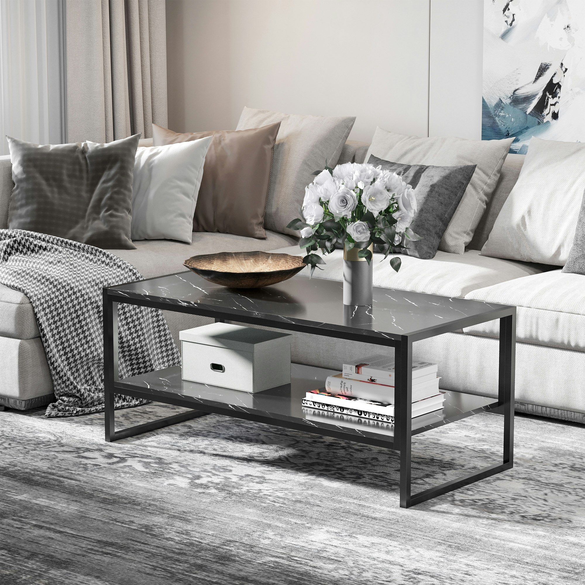 Rackhams Black Two-Tier Coffee Table With Marble Effect Shelf And Metal Frame
