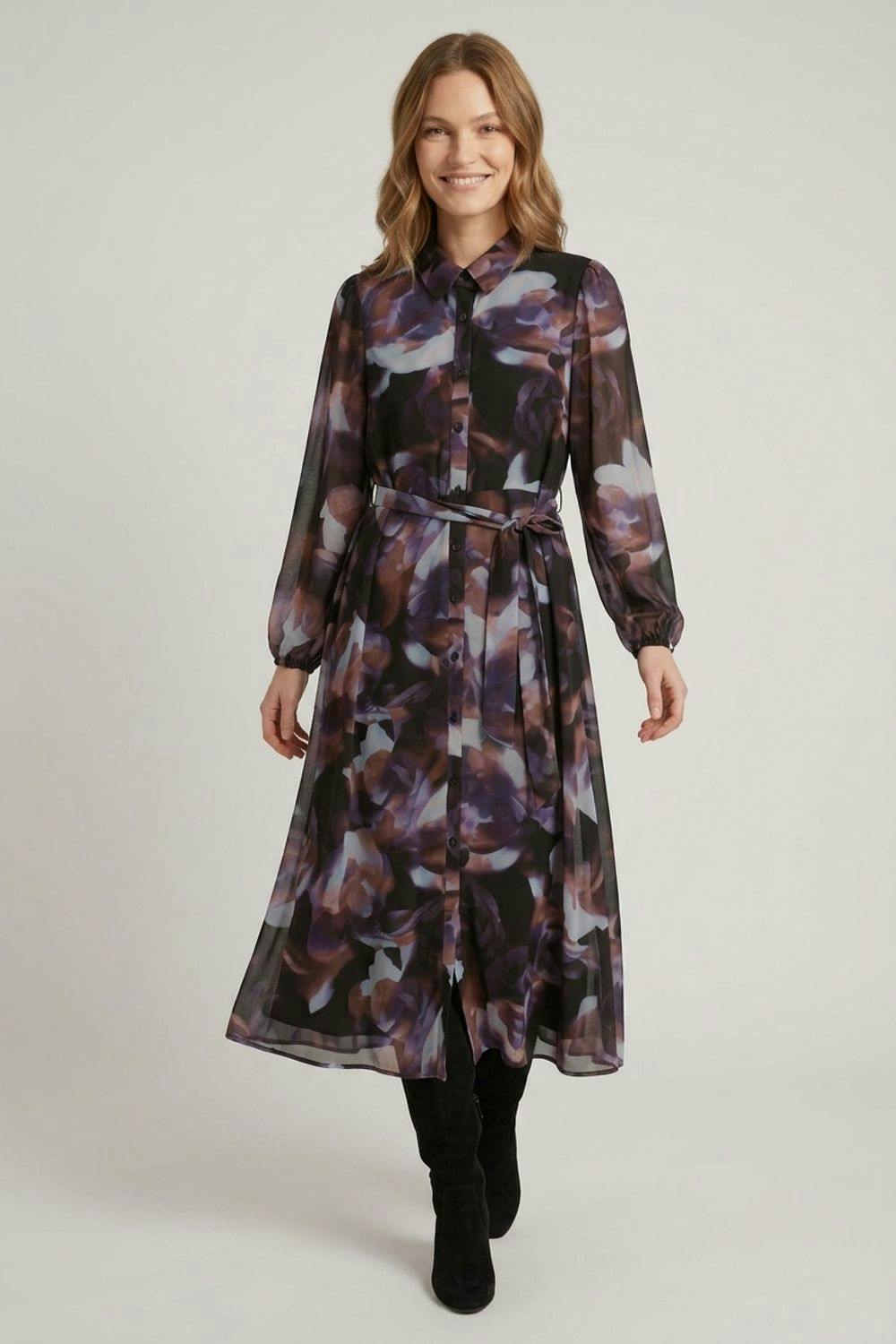 Izabel London Black Abstract Semi Sheer Tie Midi Shirt Dress - 18