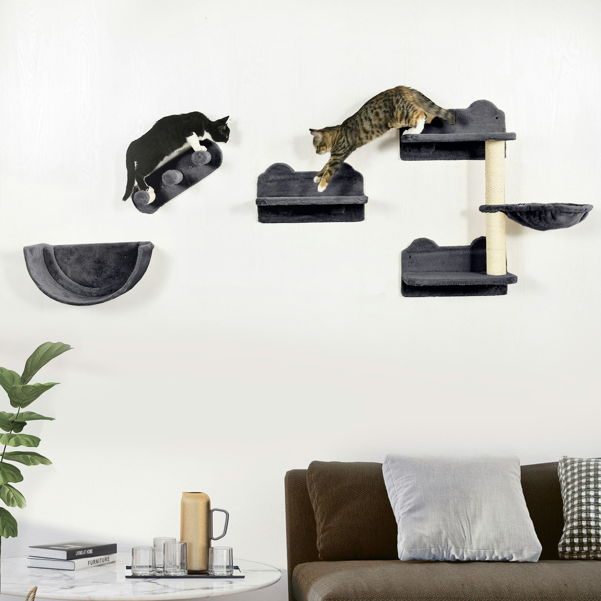 Pawhut Dark/Grey 4Pcs Wall Mounted Cat Tree Cat Wall Shelves W/ Scratching Post