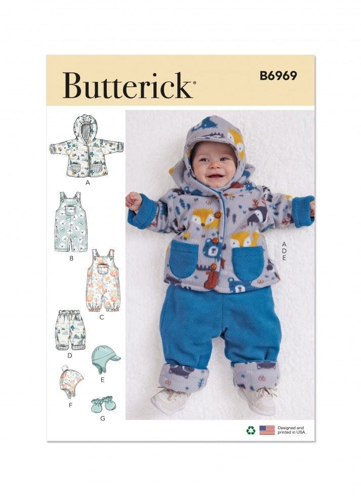 Butterick Sewing Pattern 6969, Jackets, Dungarees, Trousers, Headwear For Baby, A (Xxs-Xs-S-M-L) - Intermediate - A (Xxs-Xs-S-M-L)
