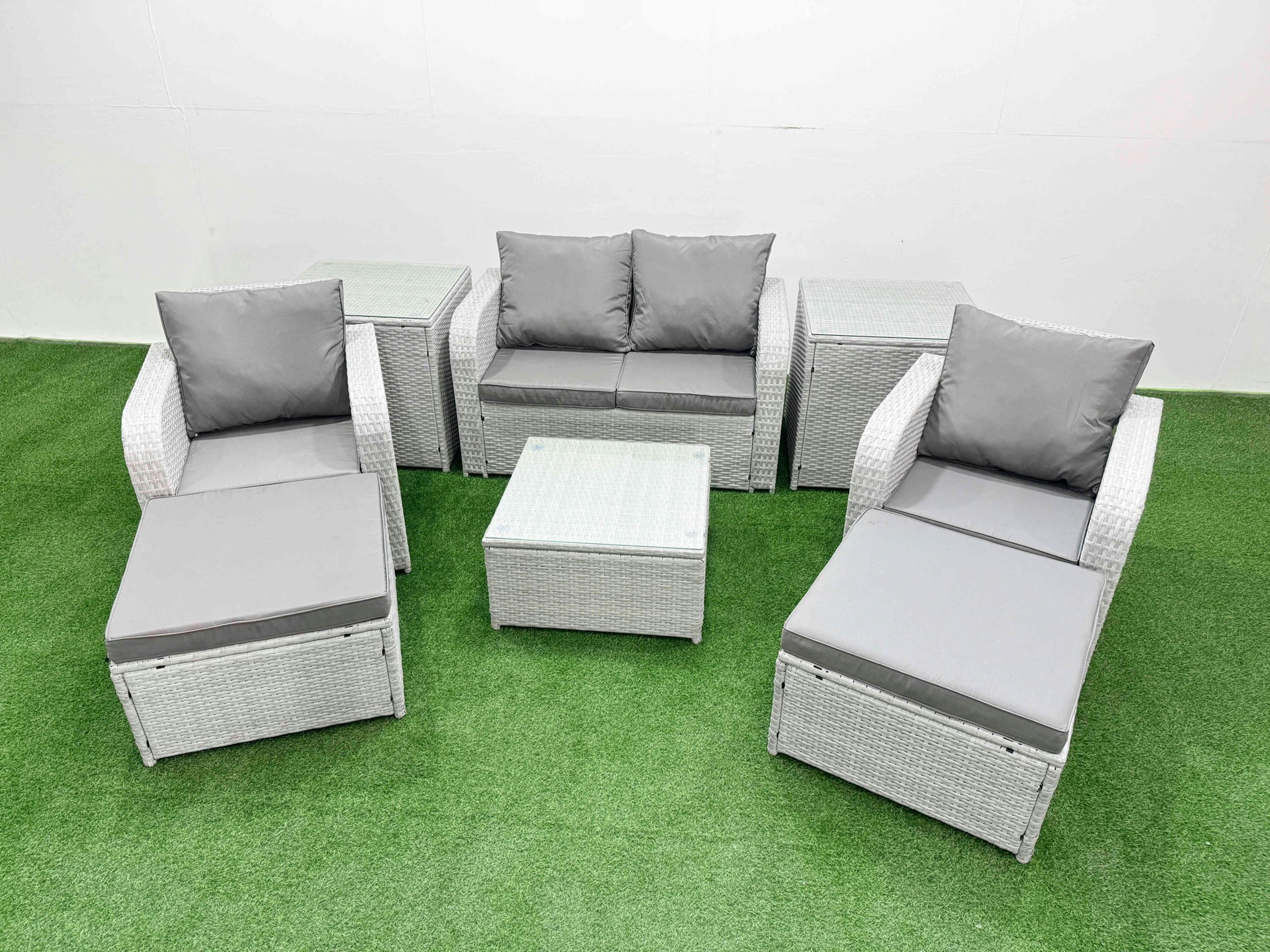 Fimous Light/Grey Pe Wicker Rattan Garden Furniture Set Sofa Set Reclining Adjustable Chair Square Coffee Table 6 Seater 2 Big Stools 2 Side Table