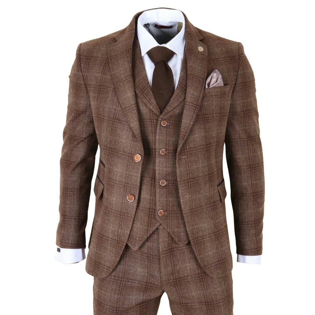 Truclothing Men's Brown Tp-31 - Tweed Check 3 Piece Suit - 50" Jacket 44" Trousers