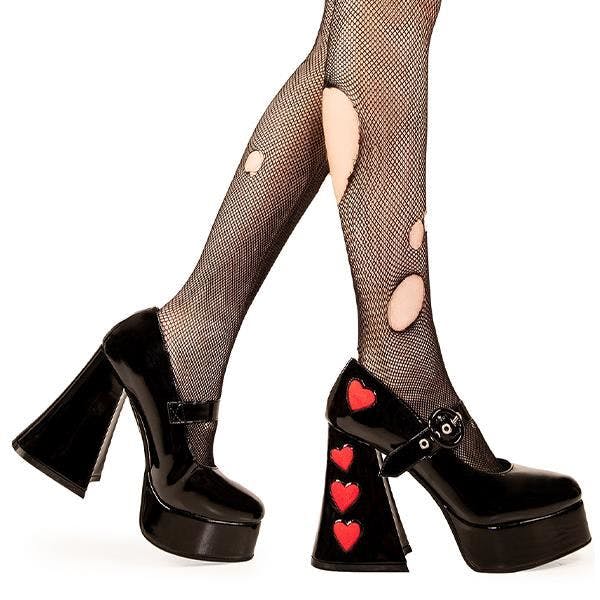 Lamoda Women's Black/Red Love Sick Patent Heart Platform Heels Chunky Gothic - Uk5