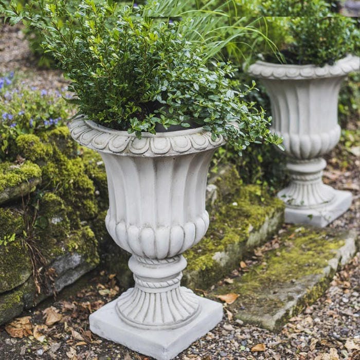 Rackhams Pair Of Large Fluted Stone Garden Vases