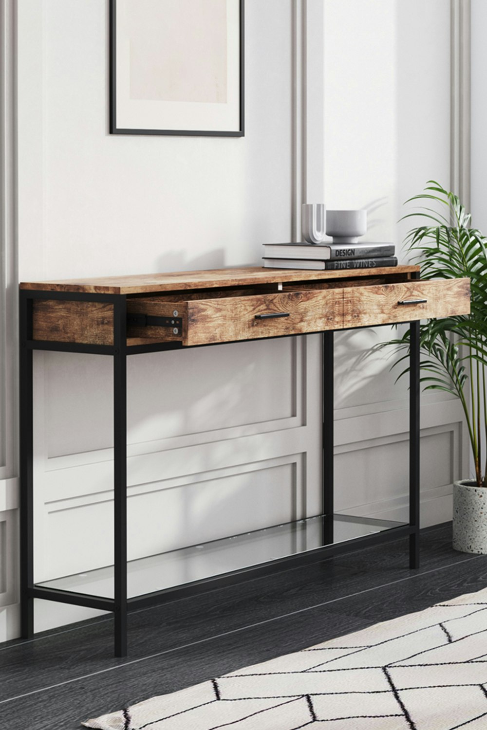 Living And Home Brown/Dark Rustic Style Drawer Console With Glass Shelf