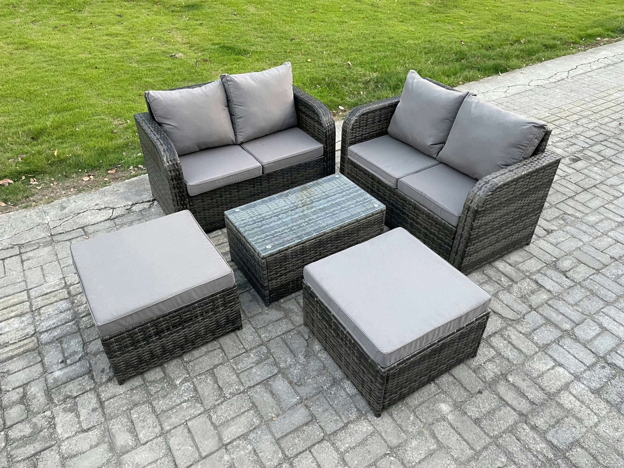 Fimous Dark/Grey Rattan Garden Furniture Set 6 Seater Patio Outdoor Lounge Sofa Set With Rectangular Coffee Table 2 Big Footstool Mixed
