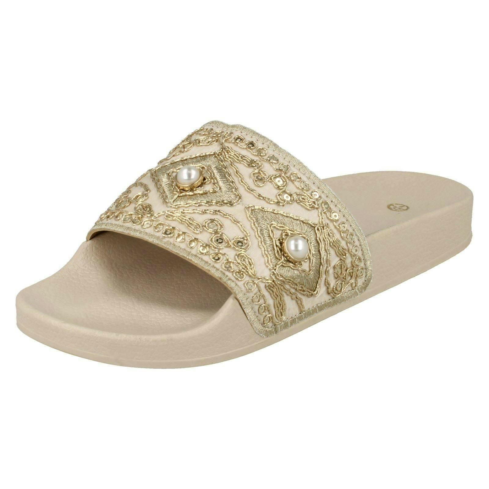 Spot On Women's Beige Beaded Slider Mules - Uk 4
