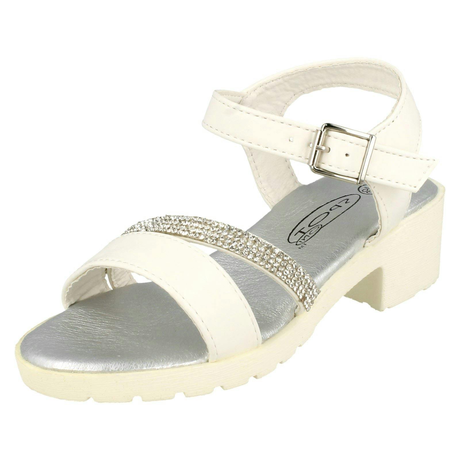 Spot On Girls White Mid Heel Diamante Strap Ankle Buckle Sandal - Uk 10 Child