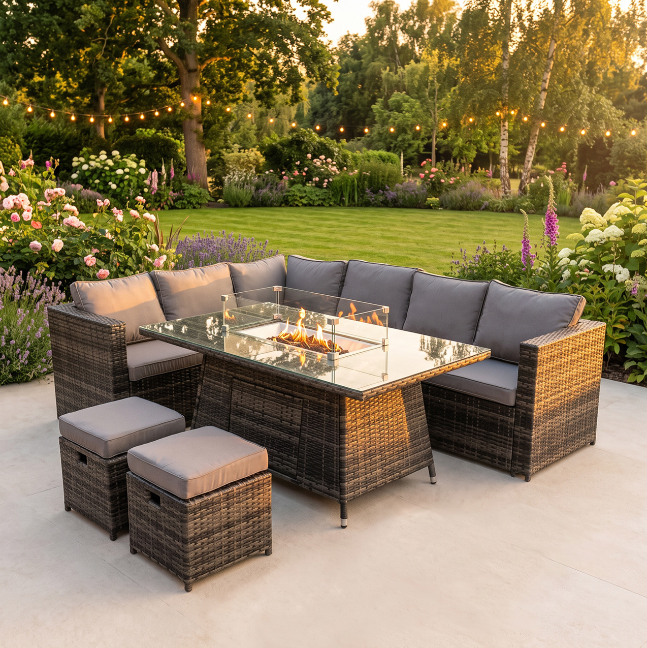 Fimous Dark/Grey 8 Seater Rattan Corner Sofa Set With Gas Fire Pit Dining Table & 2 Stools