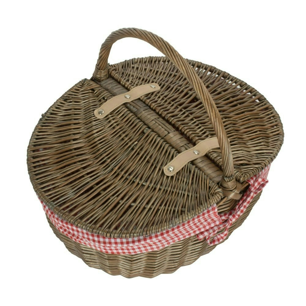 Rackhams Grey/Red Wicker Antique Finish Oval Picnic Basket - Checked