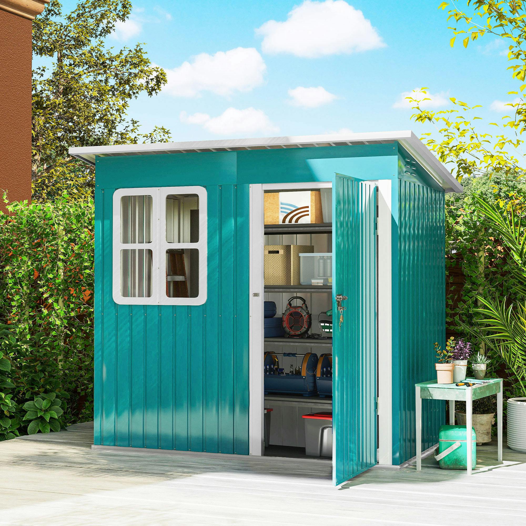 Outsunny Green 7 X 4Ft Galvanised Steel Garden Shed With Foundation Kit,