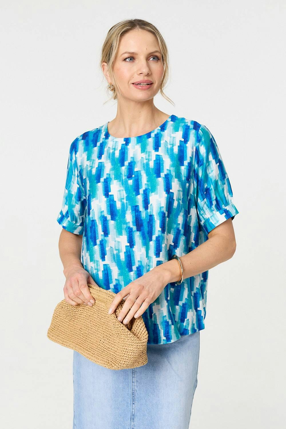 Izabel London Blue Printed 1/2 Turn-Up Sleeve Blouse - 10