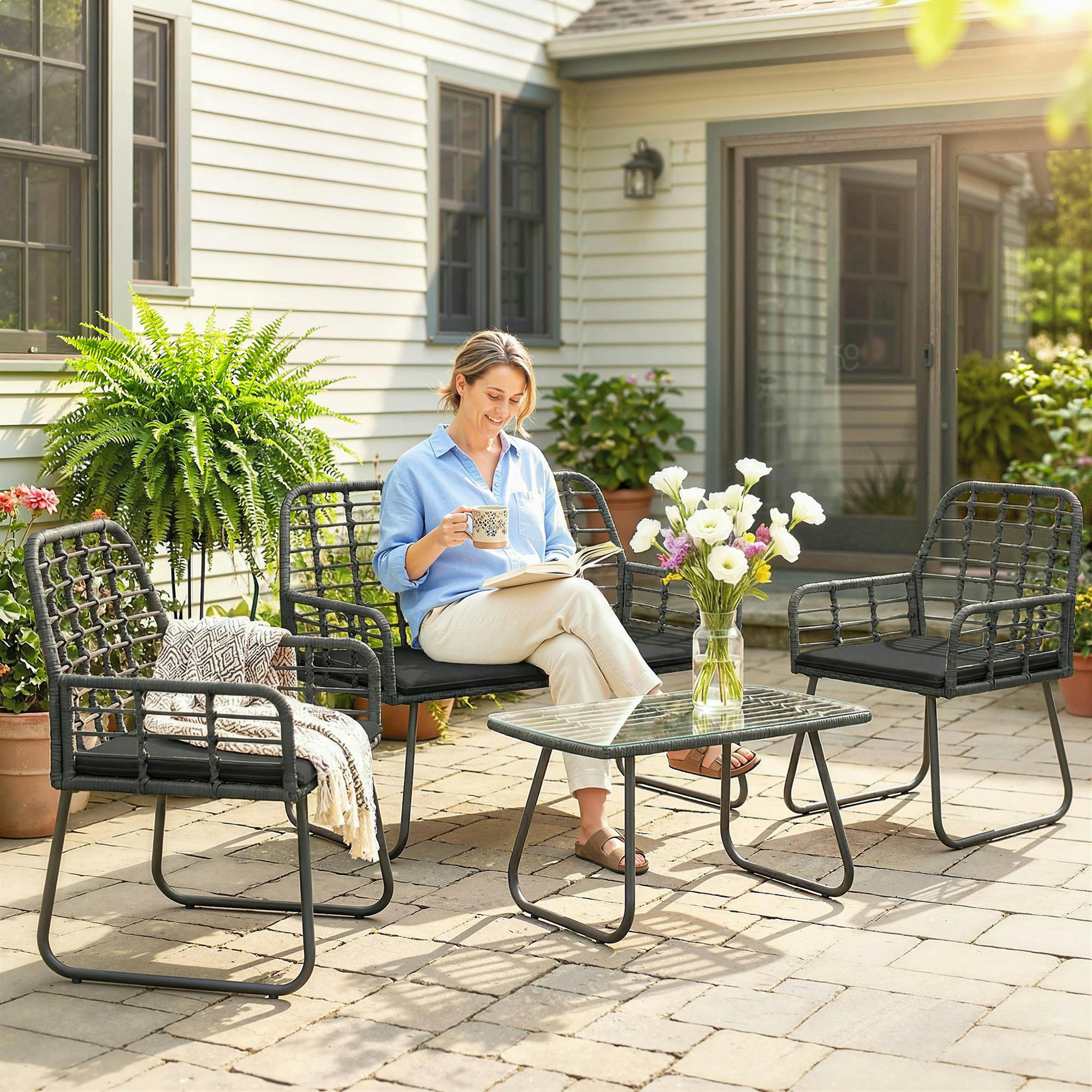 Rackhams Black Rattan Garden Furniture Set, Indoor Balcony Conservatory Set
