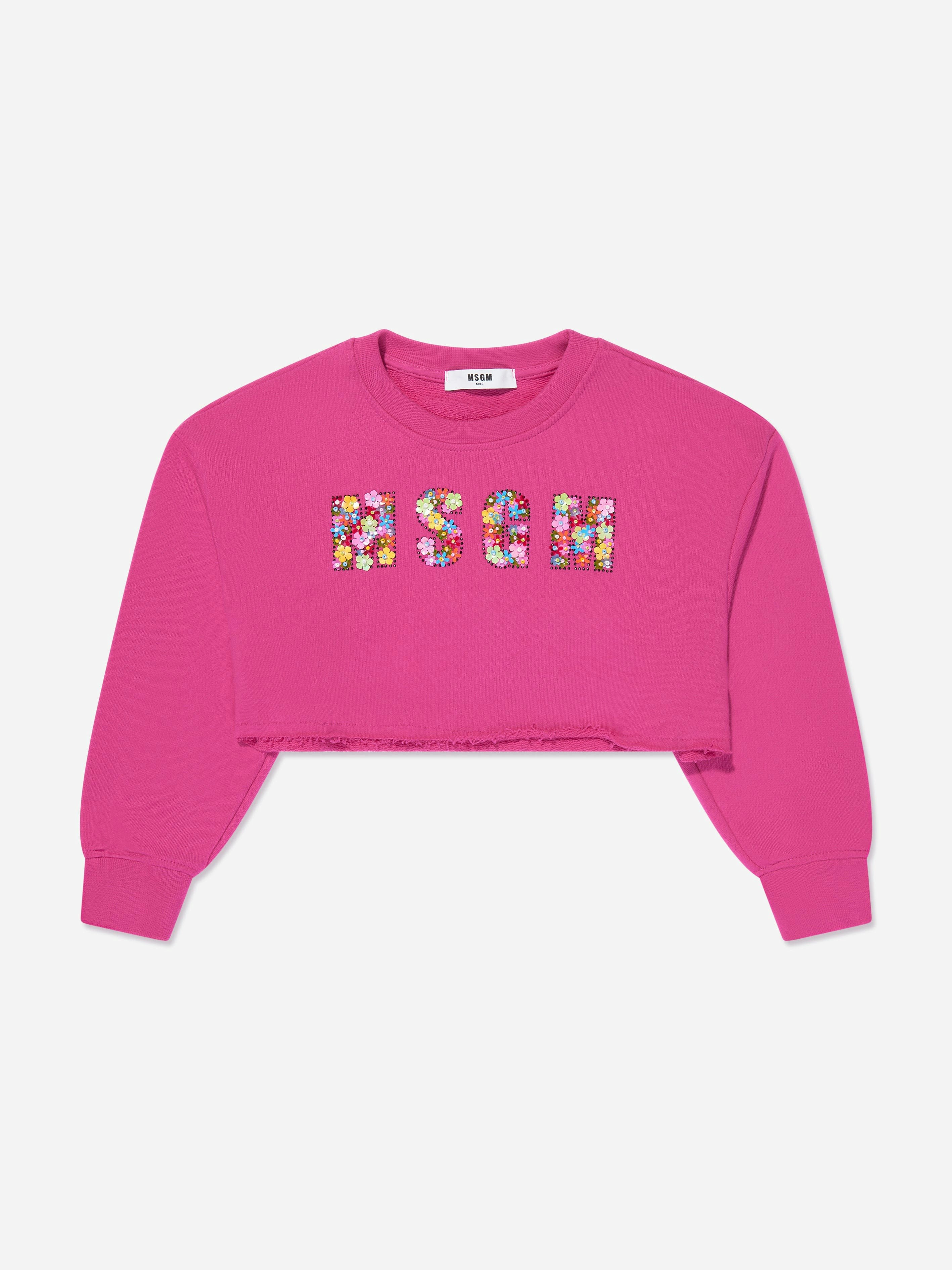 Msgm Girls Pink Cropped Logo Sweatshirt In - 8 Yrs