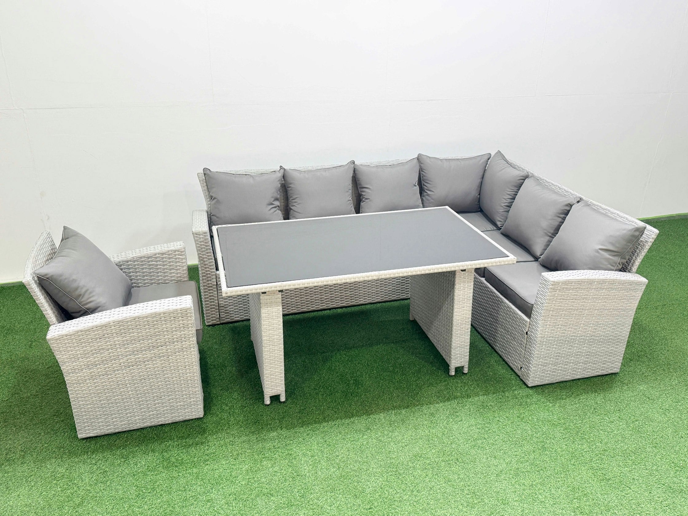Fimous Light/Grey Outdoor Garden Furniture Sets 7 Seater Wicker Rattan Corner Sofa Sets With Rectangular Dining Table Lounge Sofa Armchair