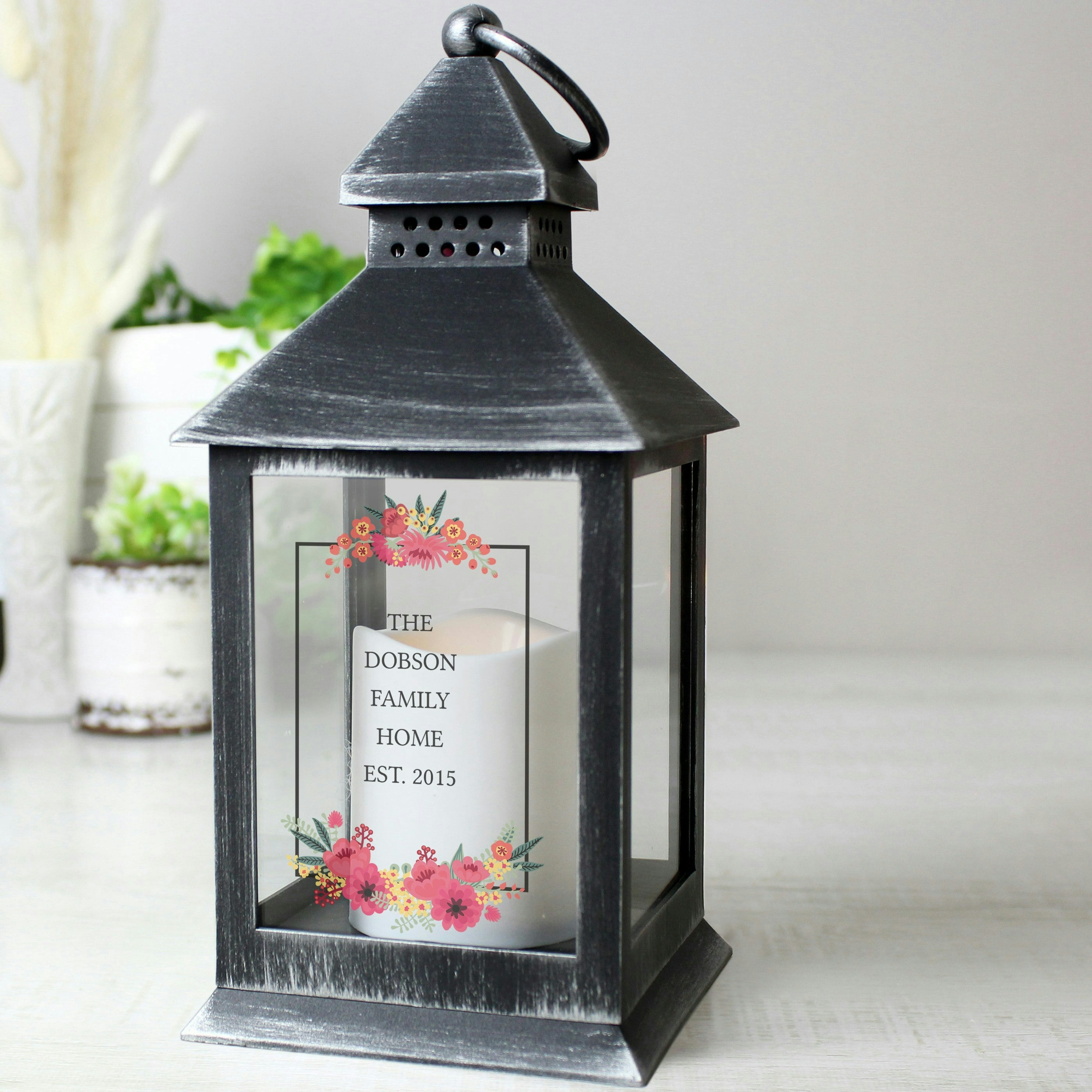Rackhams Black Personalised Floral Rustic Lantern