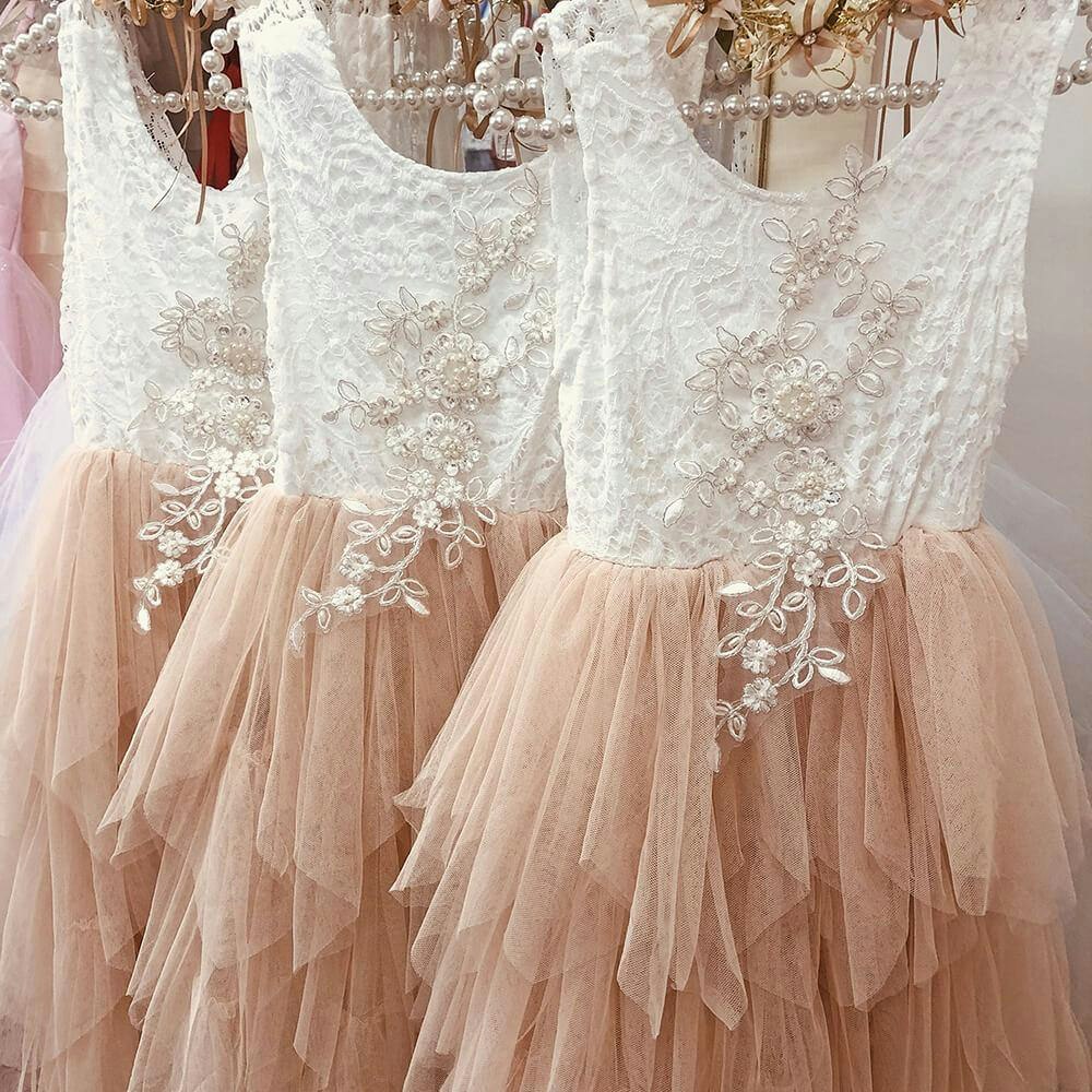 Uk Flower Girl Boutique Girls White Uk Flower Boutique Boho Dreams Dress - Apricot Champagne Applique - 2/3 Years