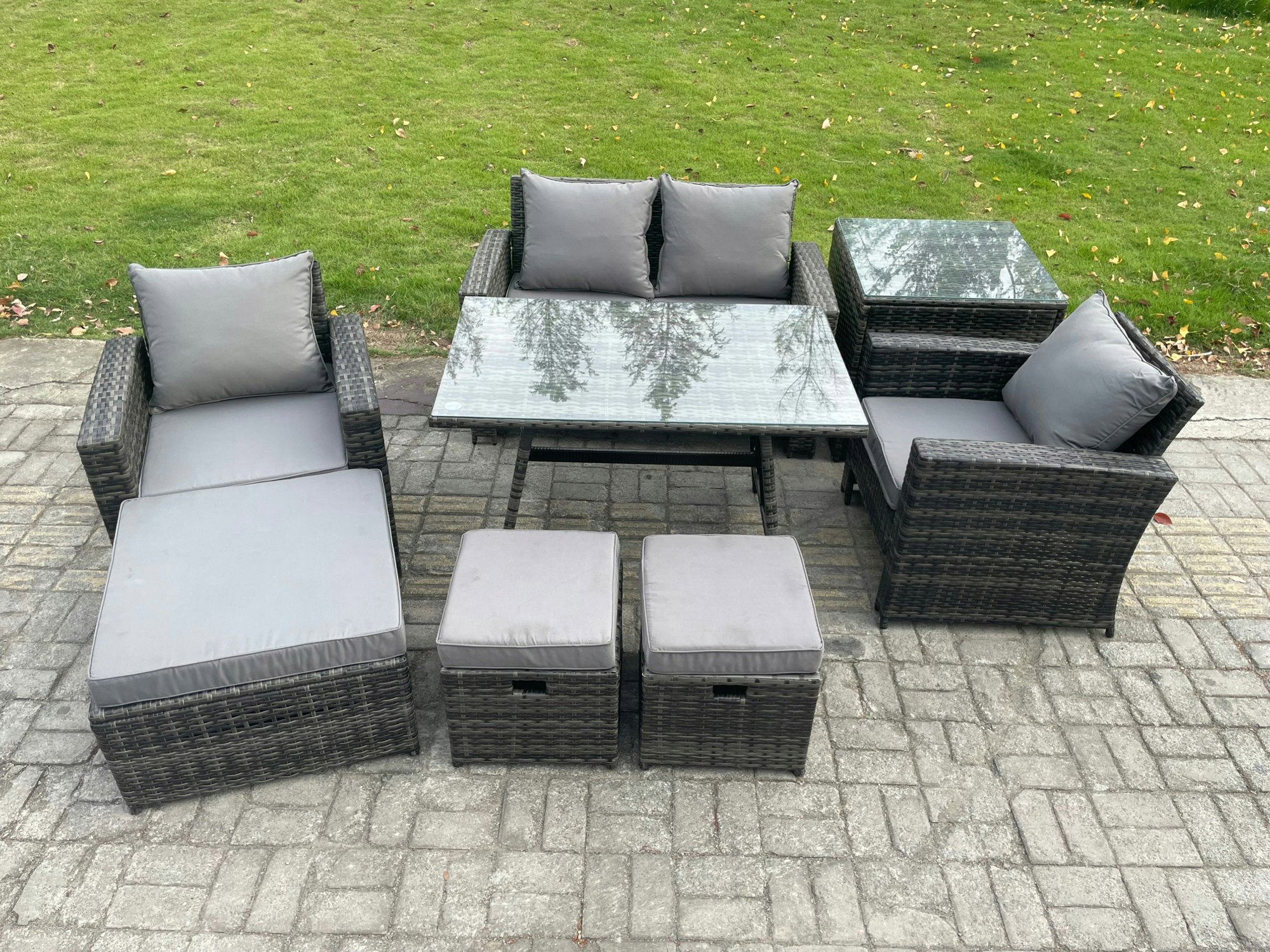 Rackhams Dark/Grey Rattan Wicker Garden Furniture Patio Conservatory Sofa Set With Rectangular Dining Table Armchair 2 Seater Sofa 3 Footstools Side Table